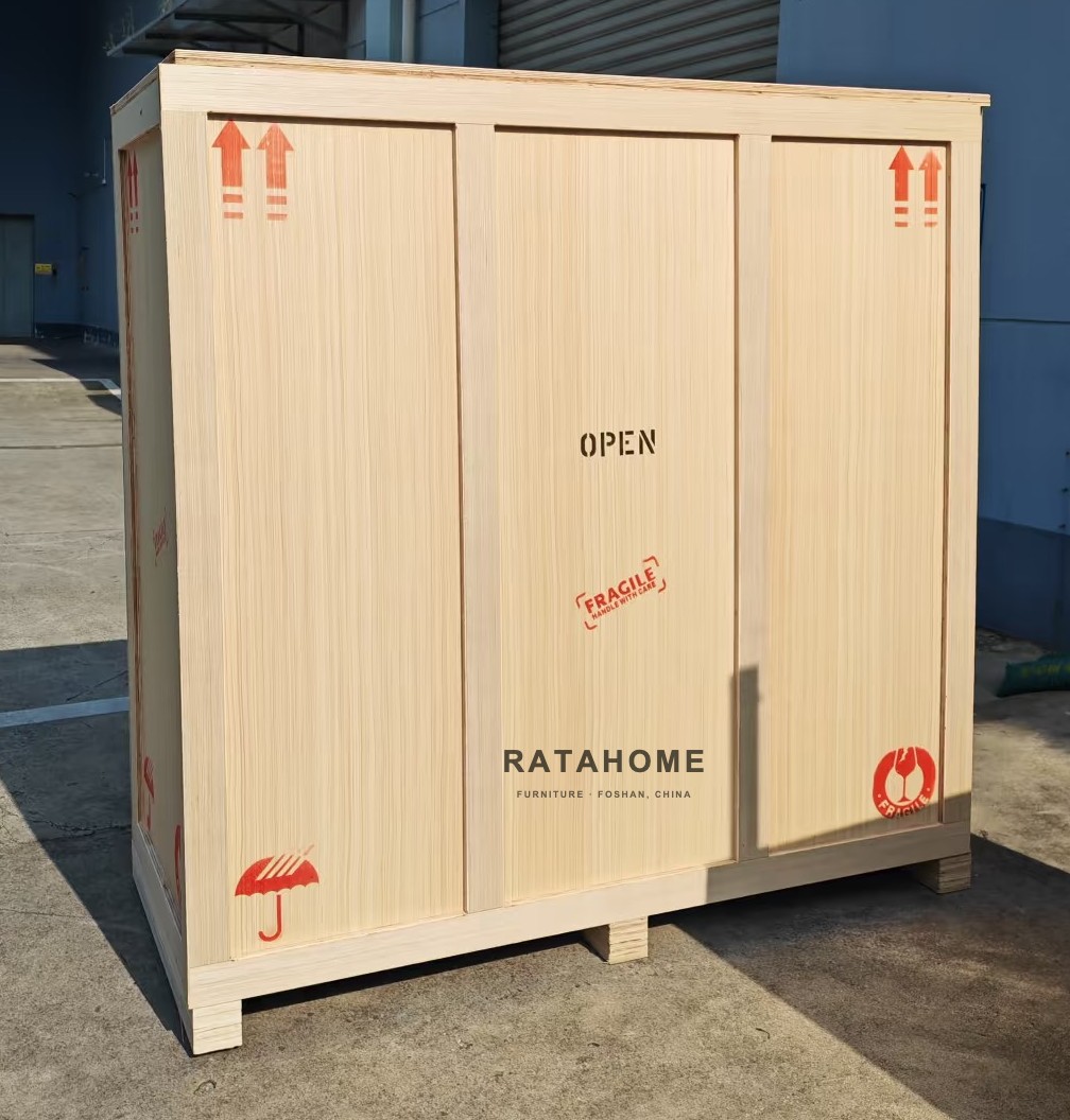 Ratahome-branded wooden shipping crate prepared for furniture handling