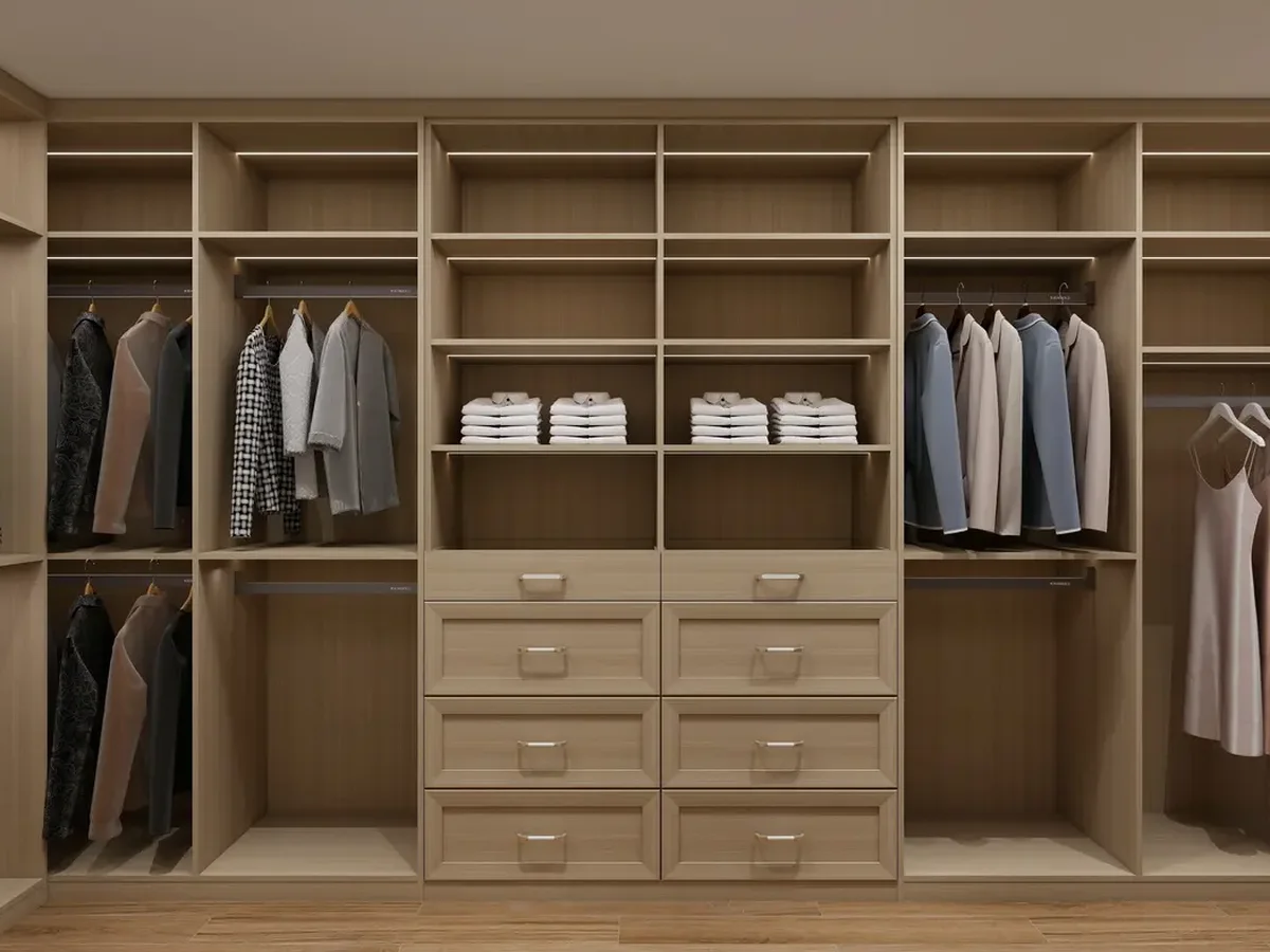 Warm oak walk-in closet with drawer banks and open shelving in Seattle