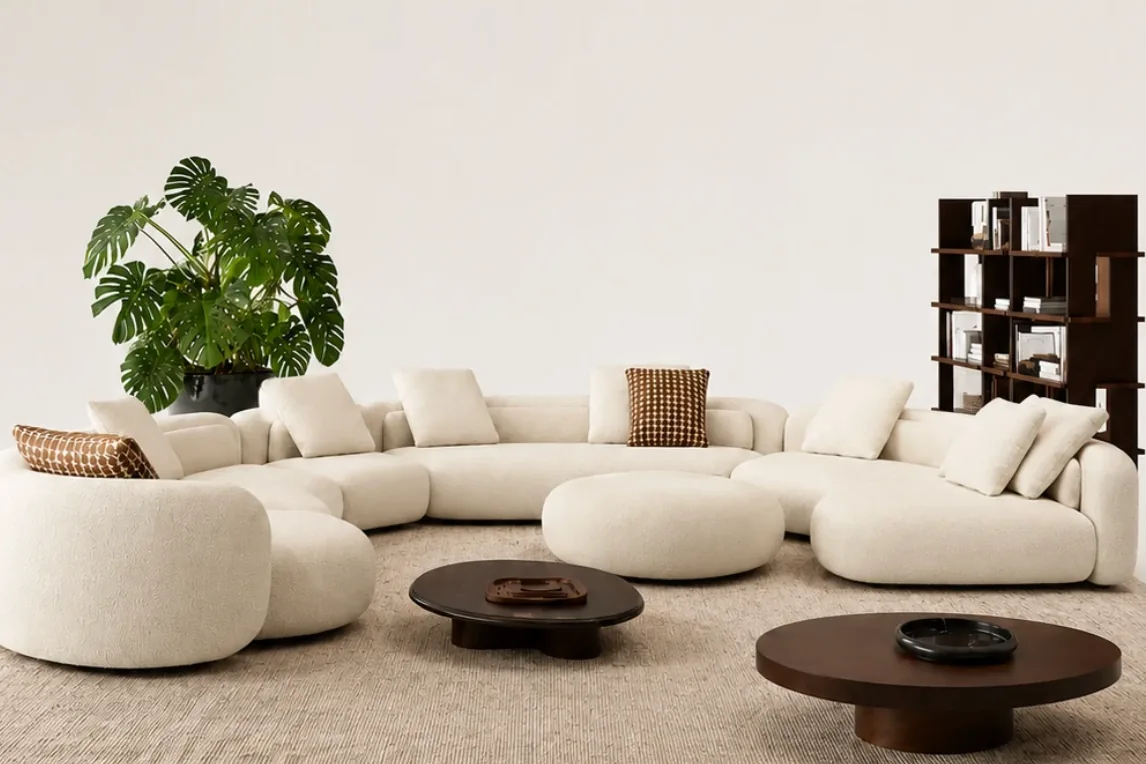 Living room furnished by Ratahome — sofa, coffee table and lighting made to order in Foshan