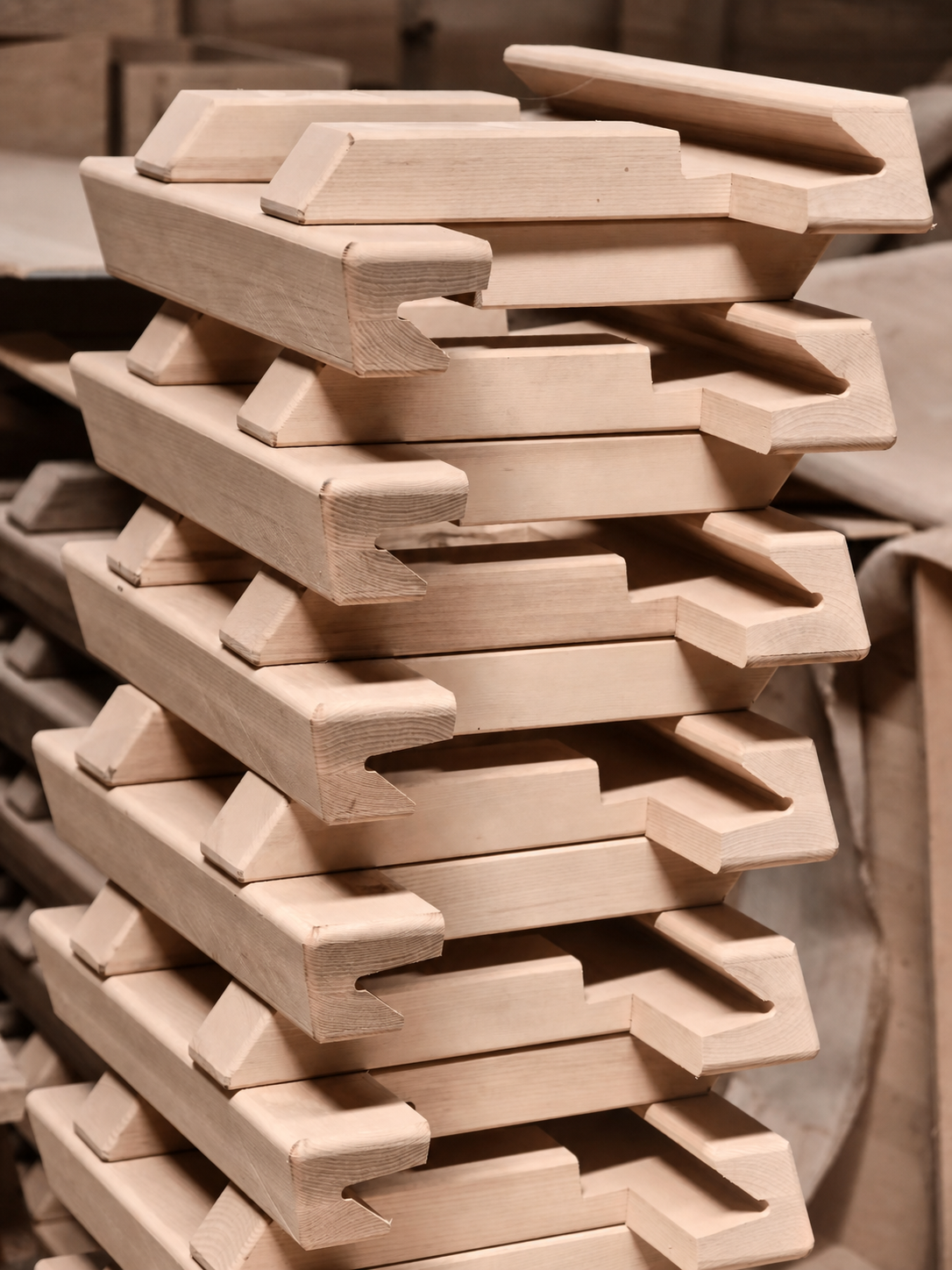 Stacked unfinished wood furniture components