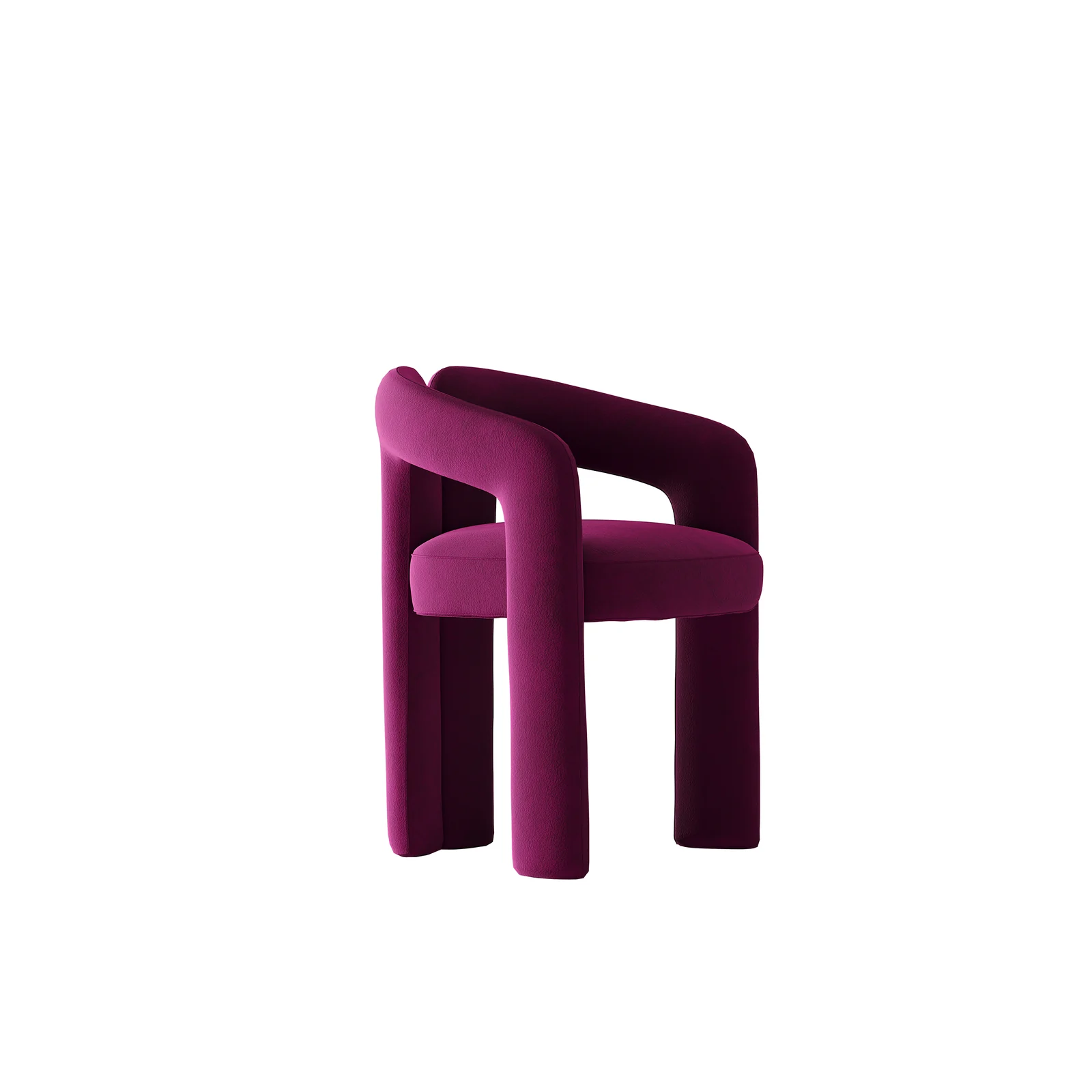 Magenta upholstered lounge chair photographed against a white background