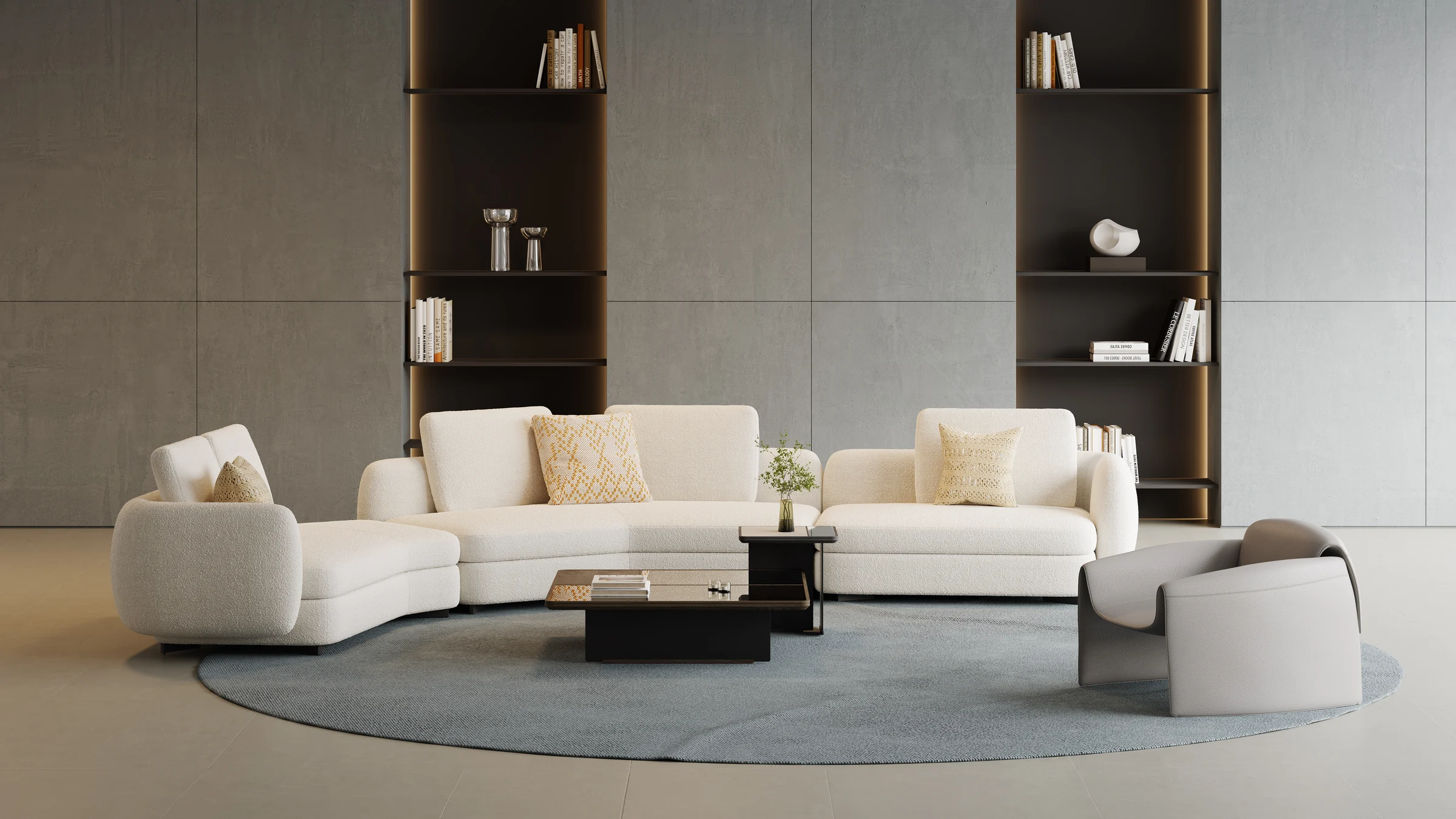 Contemporary sectional seating arranged in a coordinated living room