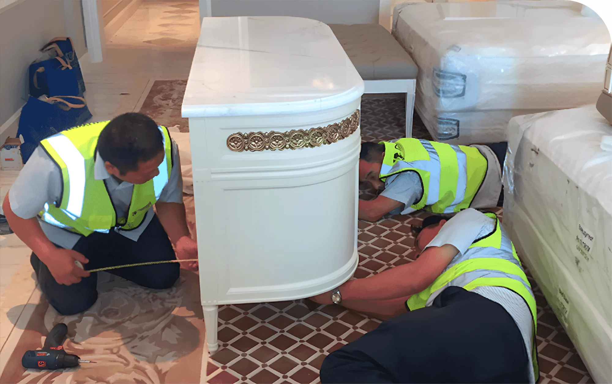 Installation team assembling furniture