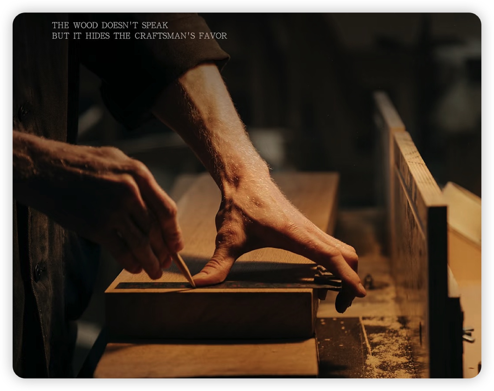 Craftsperson measuring a custom wood component during manufacturing
