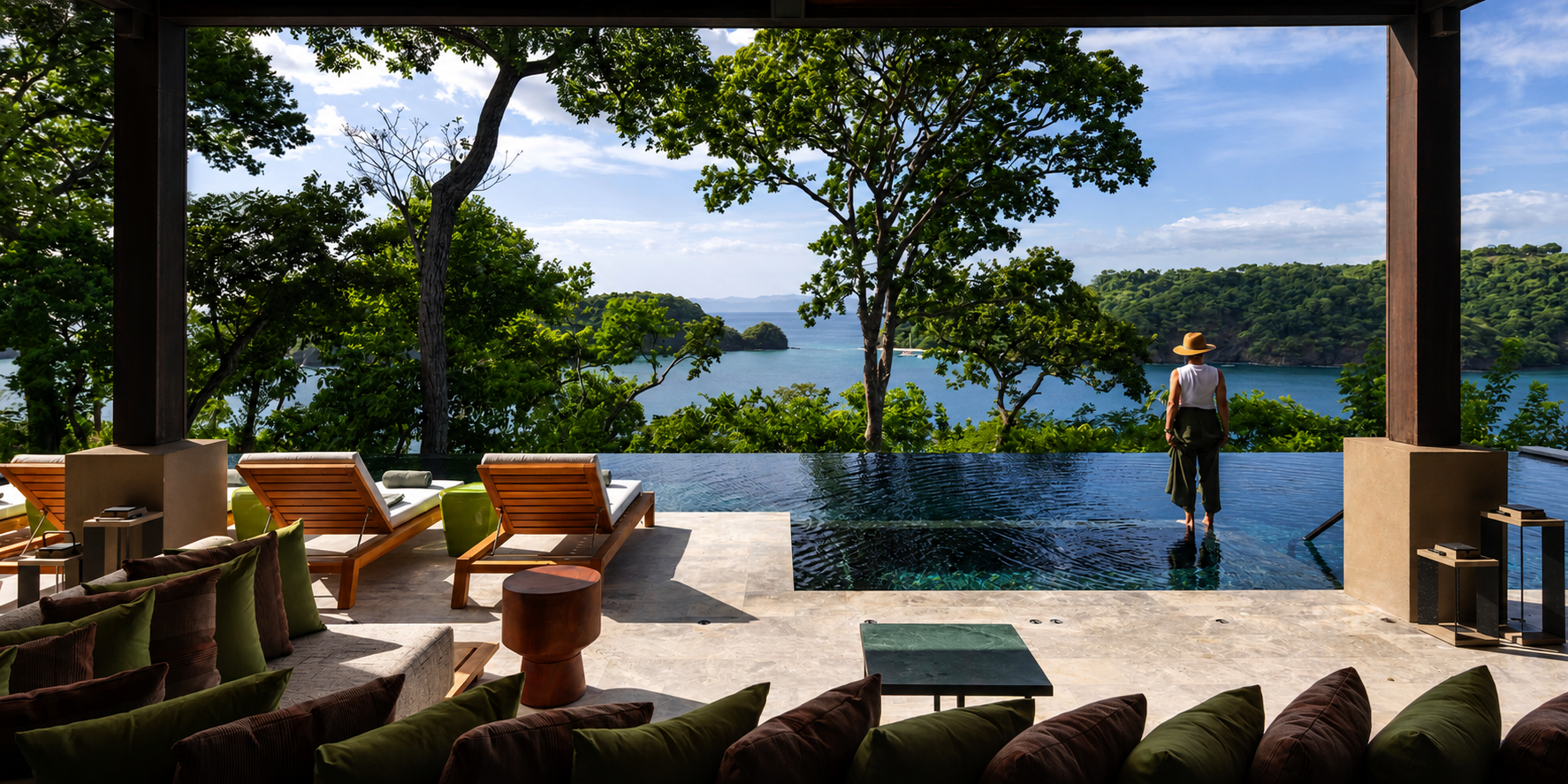 Luxury resort terrace, infinity pool and tropical bay