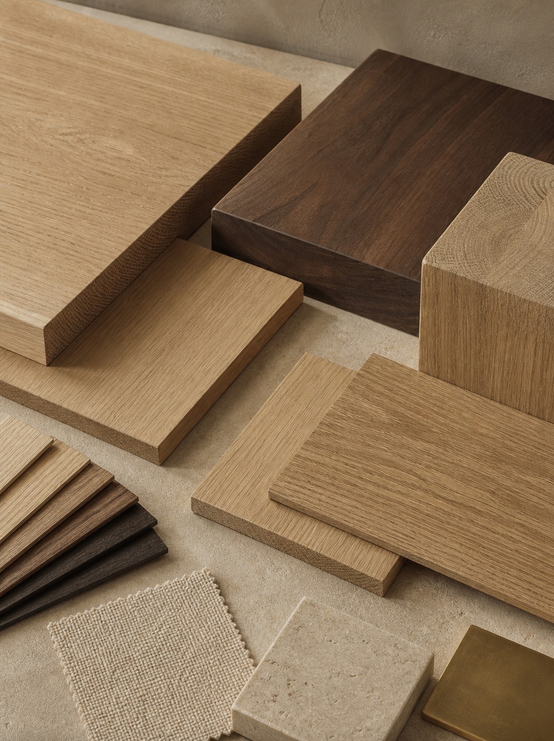 Veneer, timber and stone samples laid out for selection
