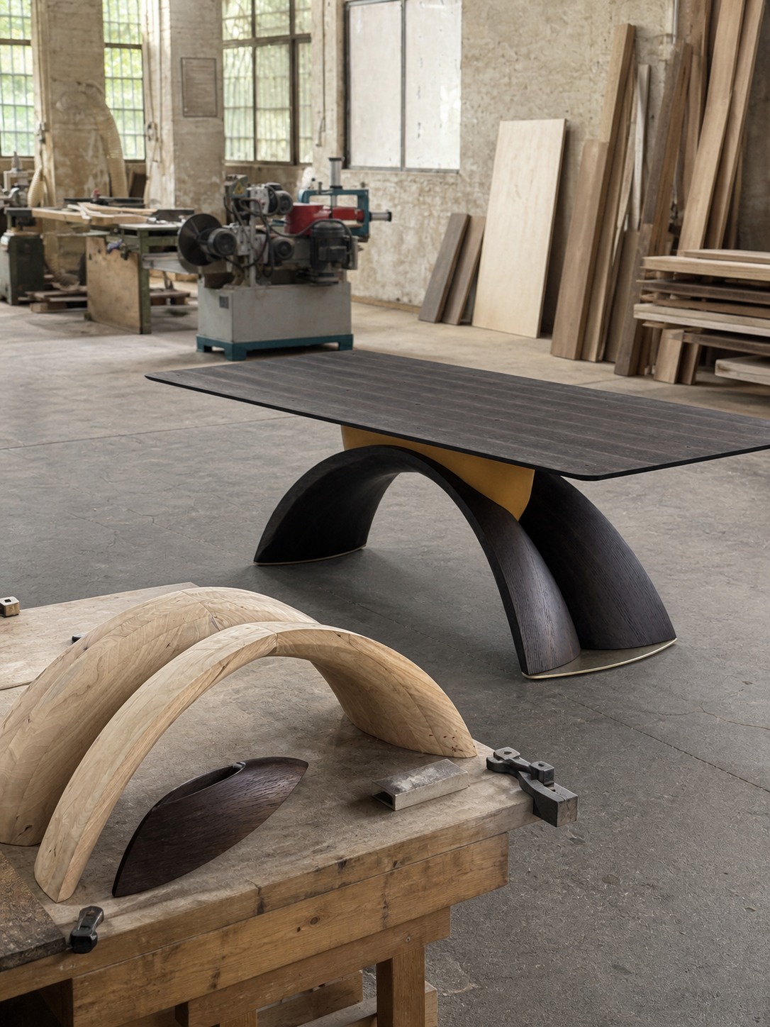 Solid timber table base being shaped in the workshop