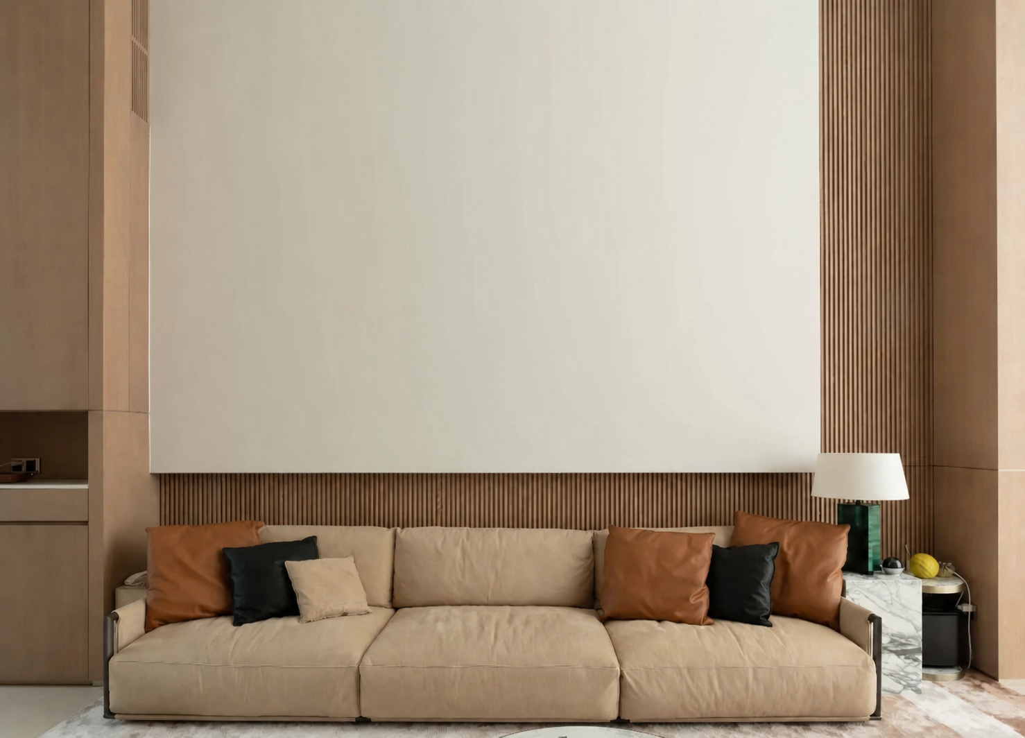 Warm, light-filled living space with soft furniture