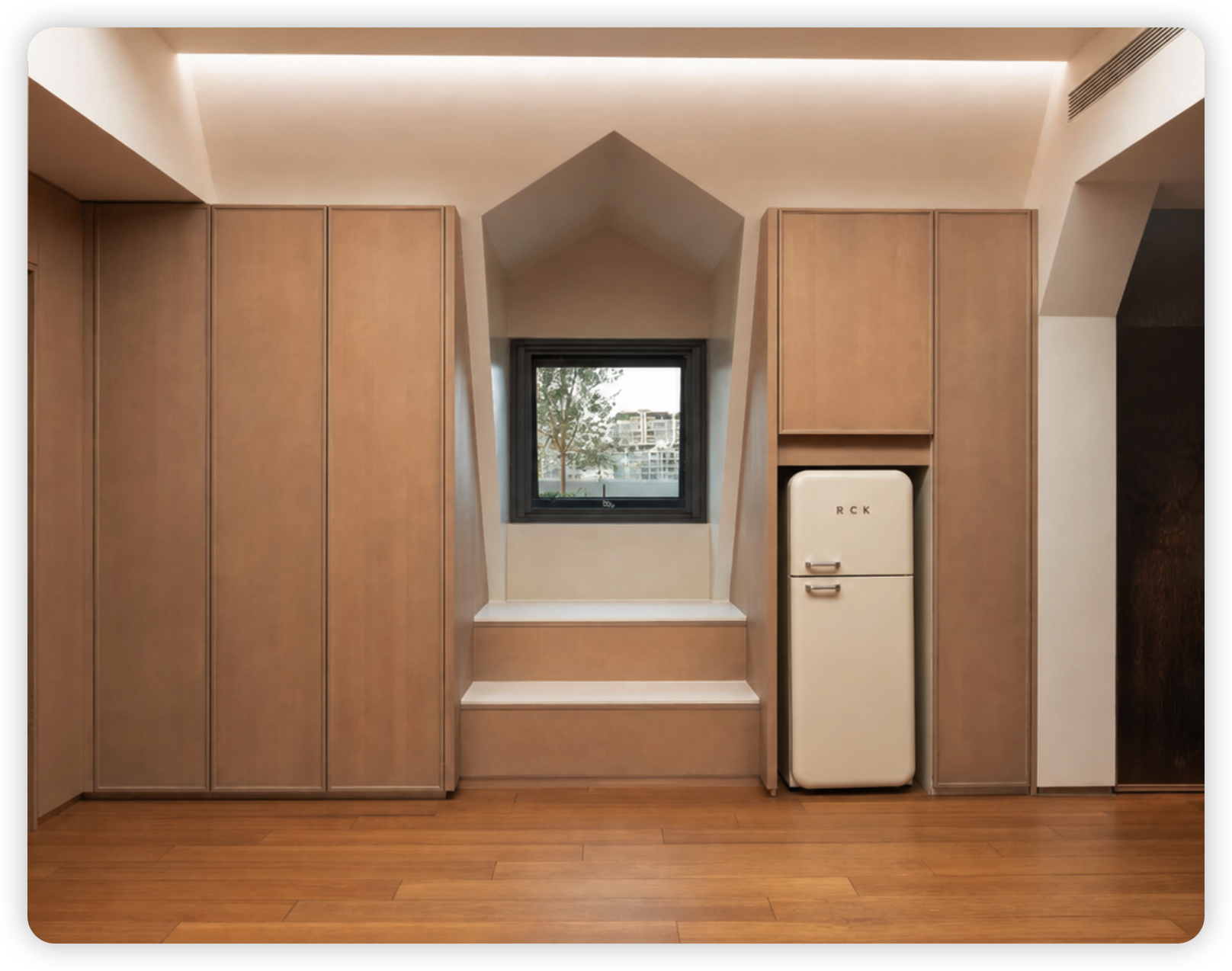 Bespoke timber cabinetry and a window seat at Mu Li Mu Wai Residence