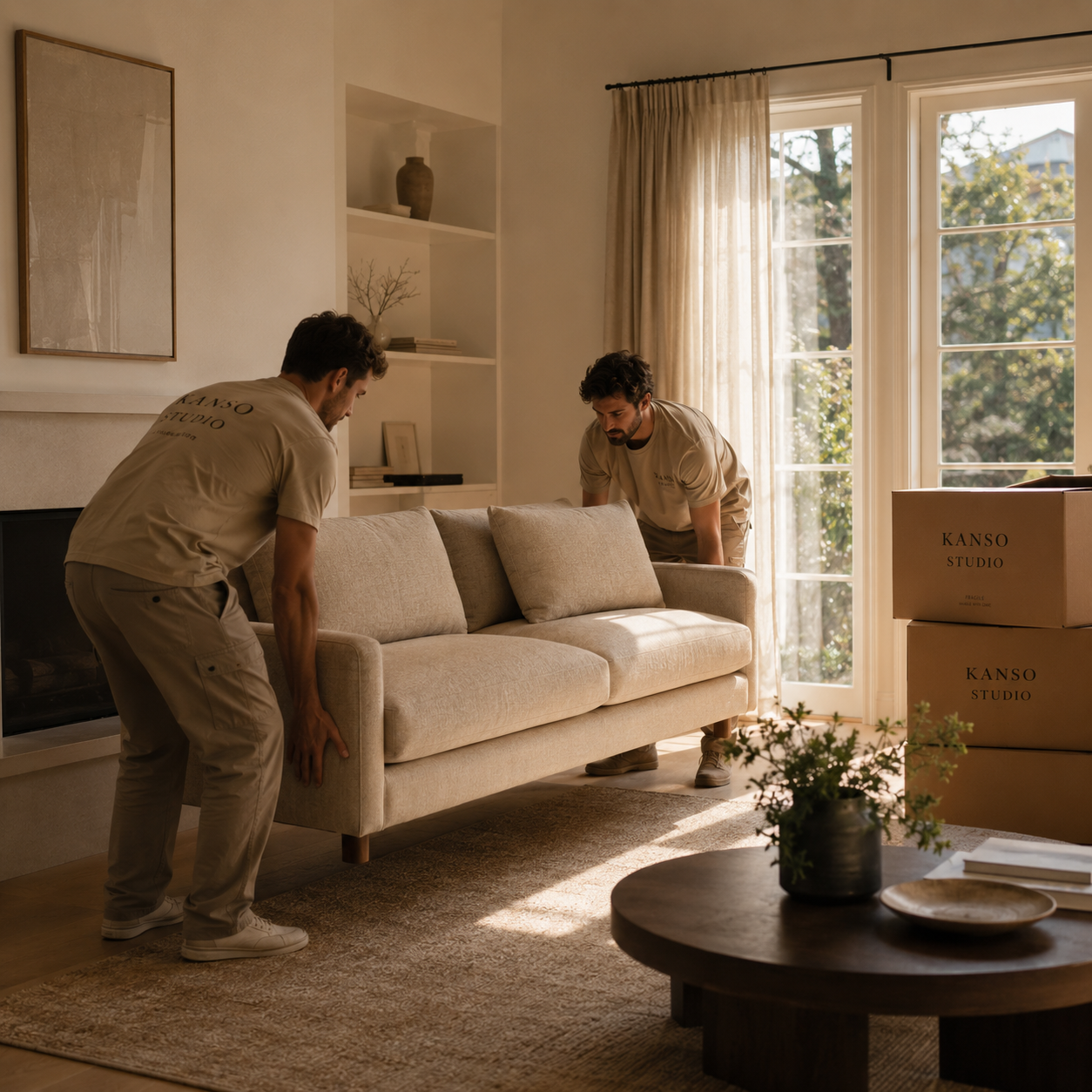 Sofa being placed in a living room by the delivery team