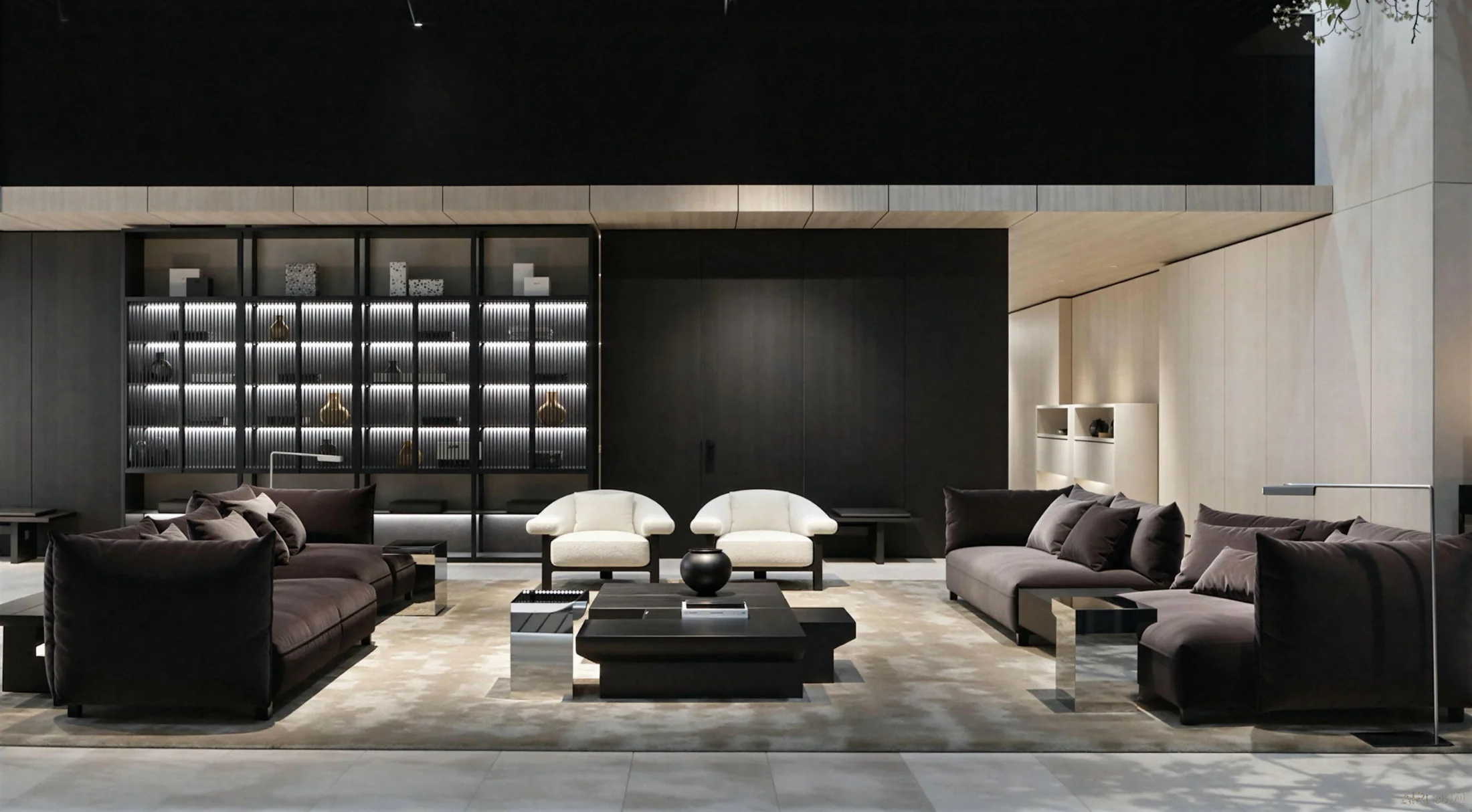 Living room with cabinetry, wall panels and doors finished in one material language