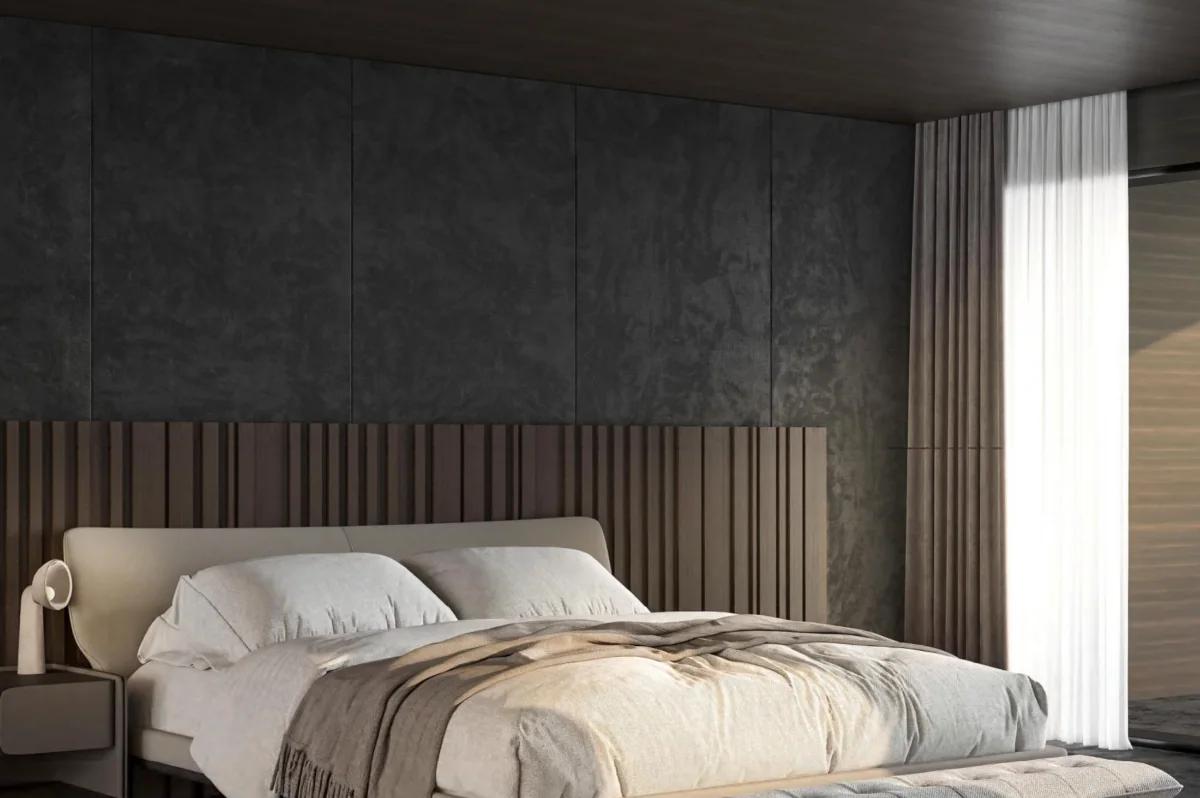 Wood wall paneling continuous with concealed door