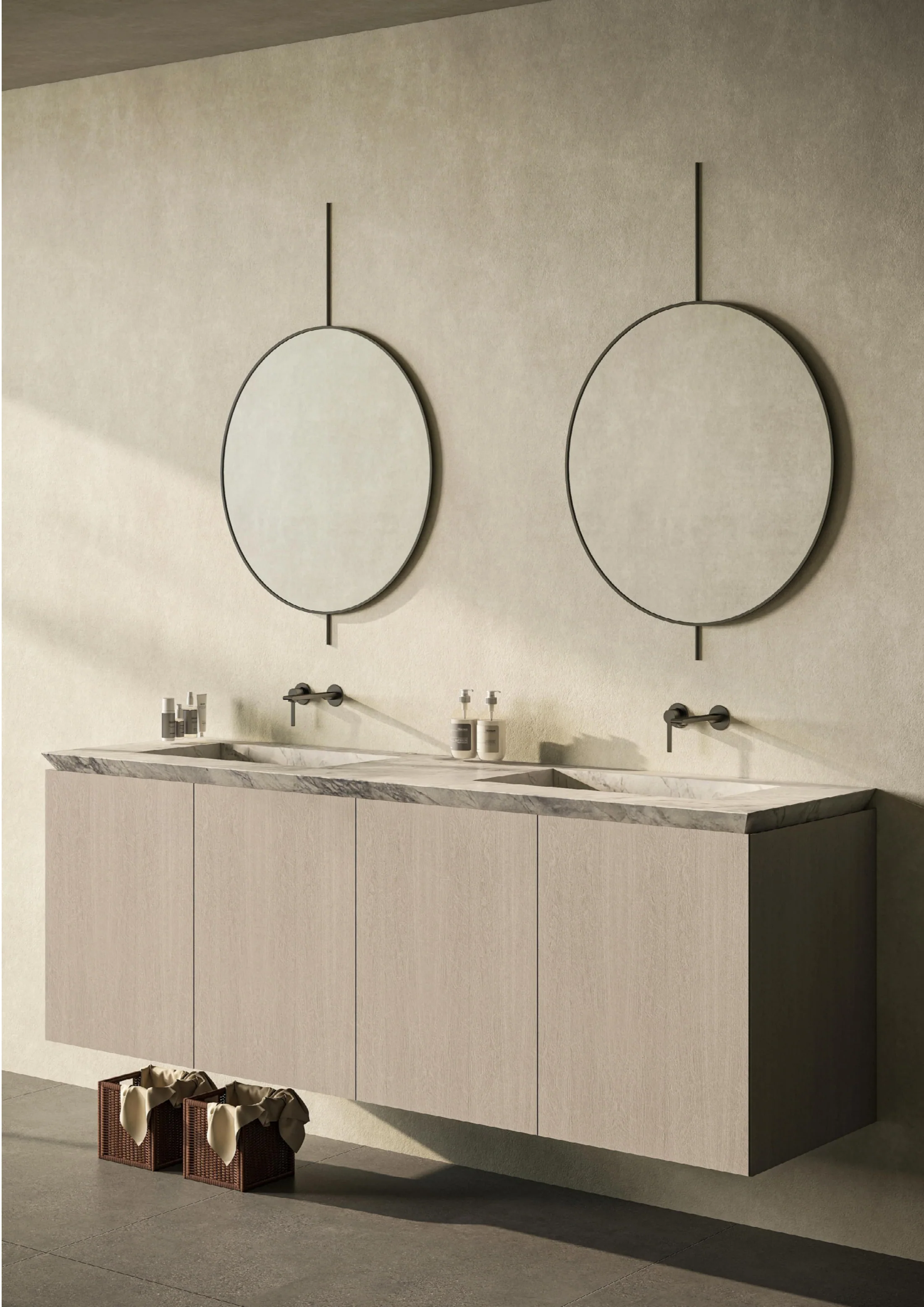 Aura Beige double vanity with round mirrors
