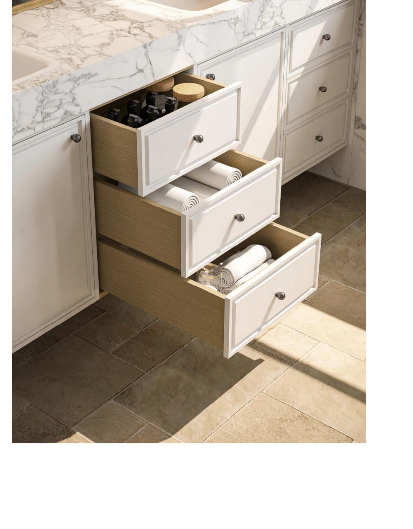 Vanity drawers open showing soft-close runners