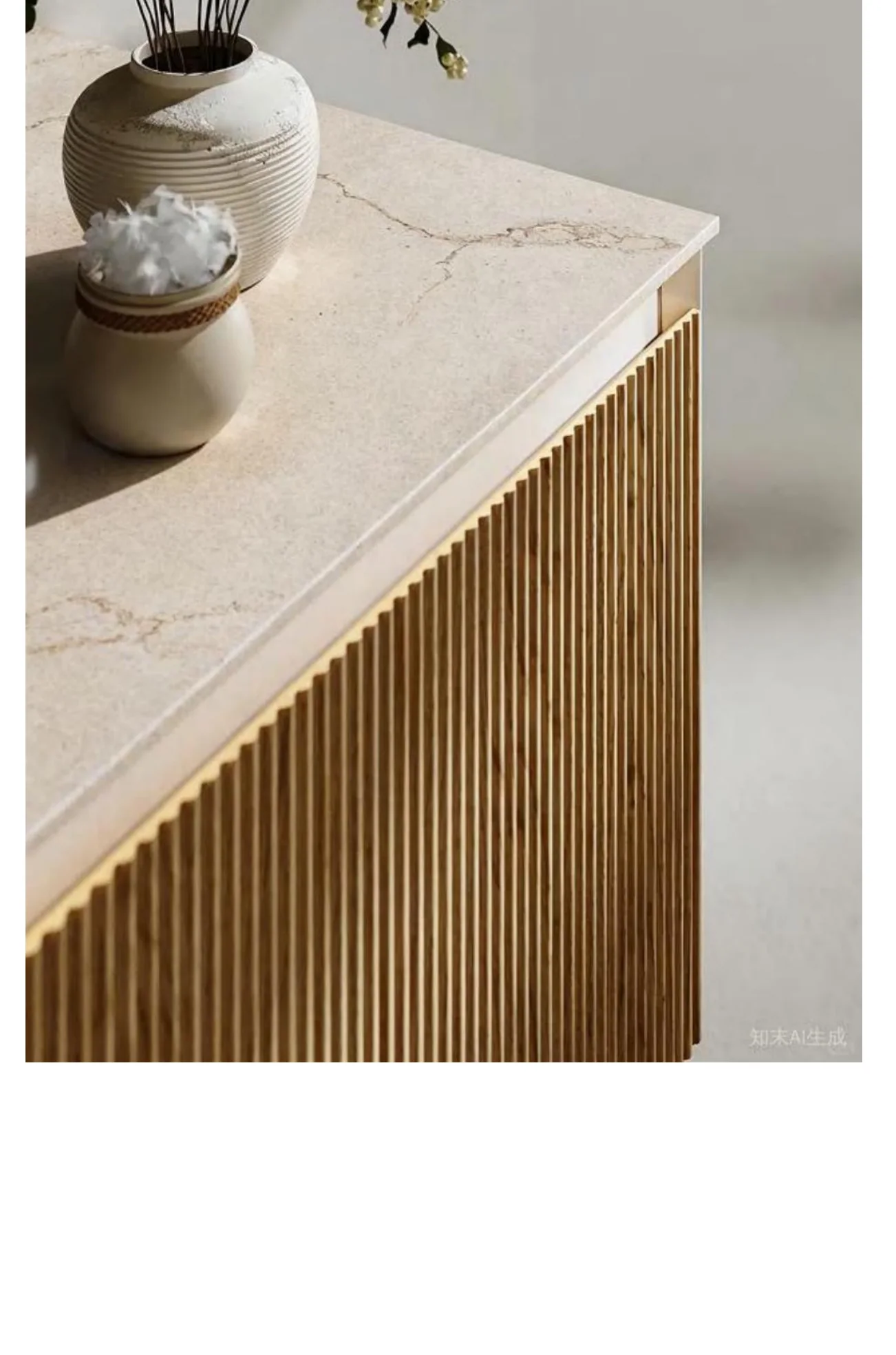 Stone worktop and fluted timber front close-up
