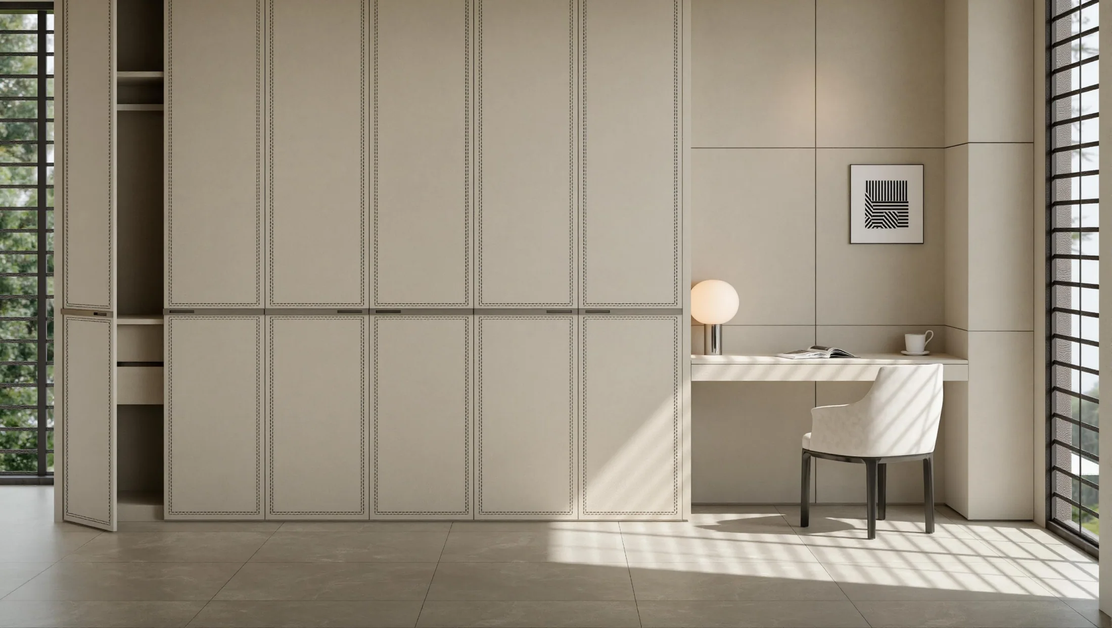 Beige wardrobe interior with organized hanging and drawers