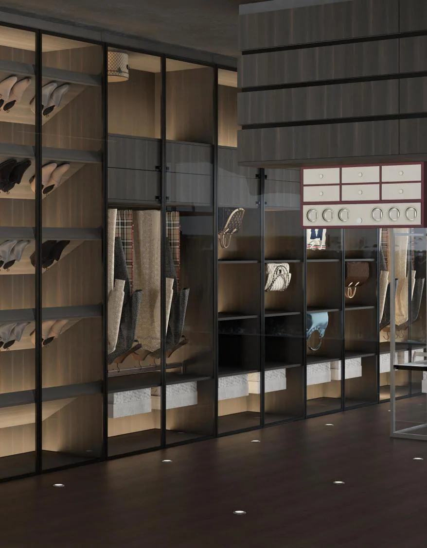 Glass-front wardrobe with interior lighting