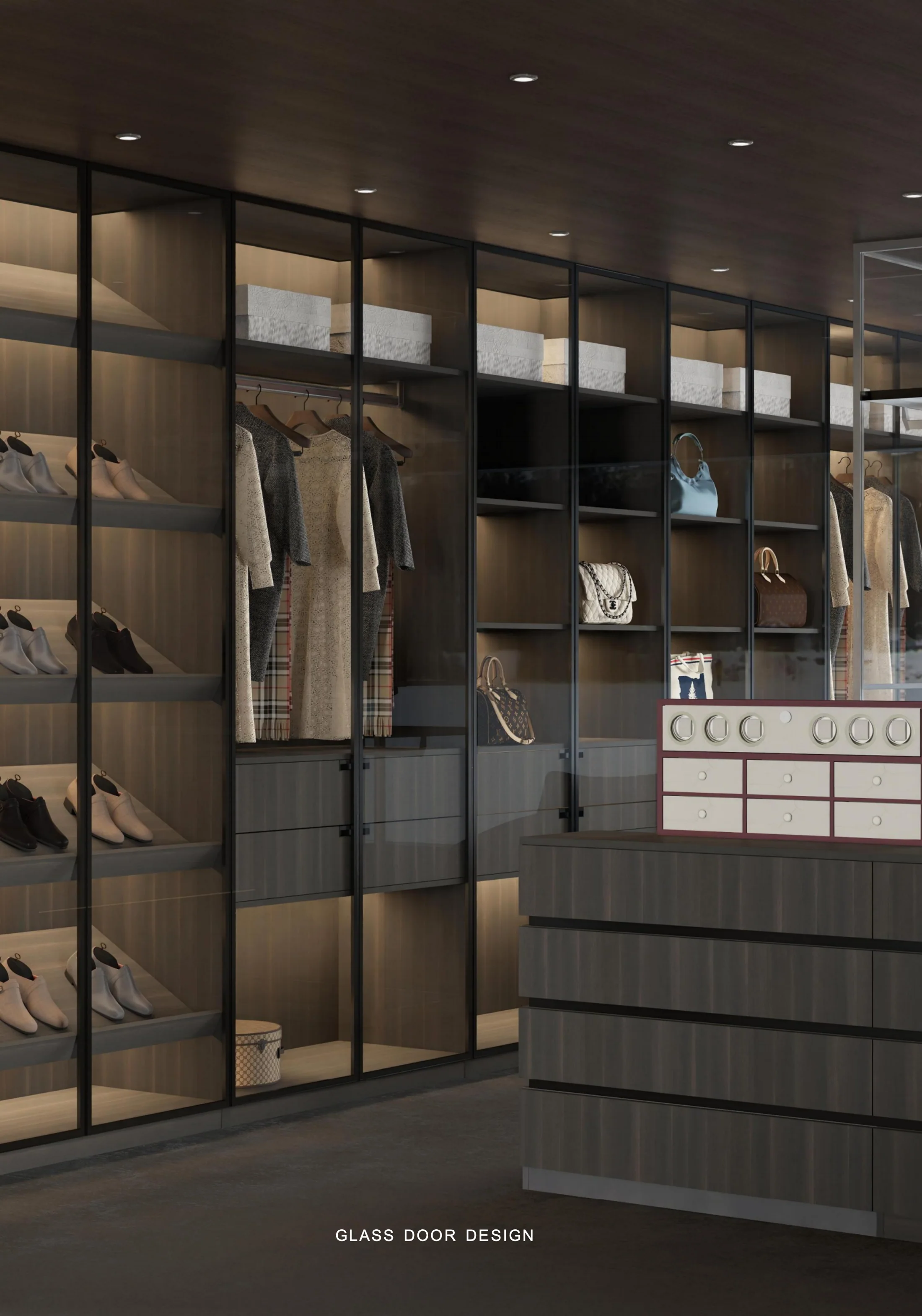 Walk-in closet with illuminated glass wardrobes