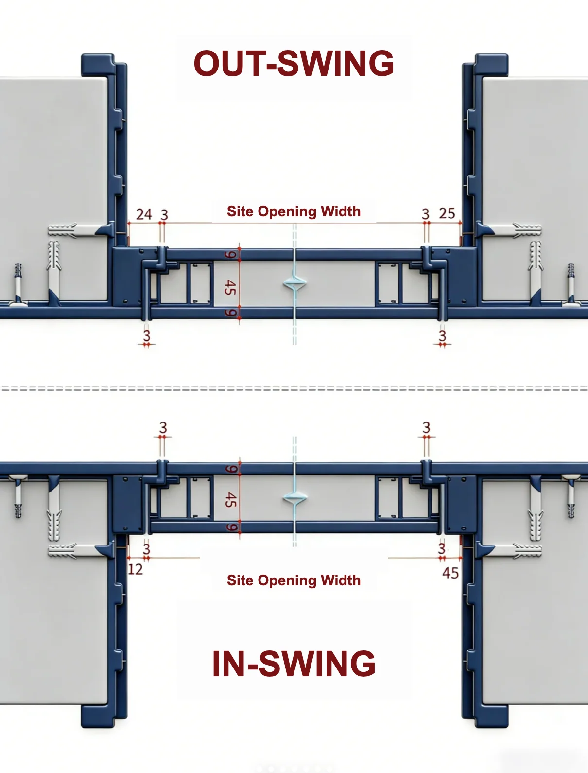 Concealed aluminum frame cross-sections for out-swing and in-swing hidden doors