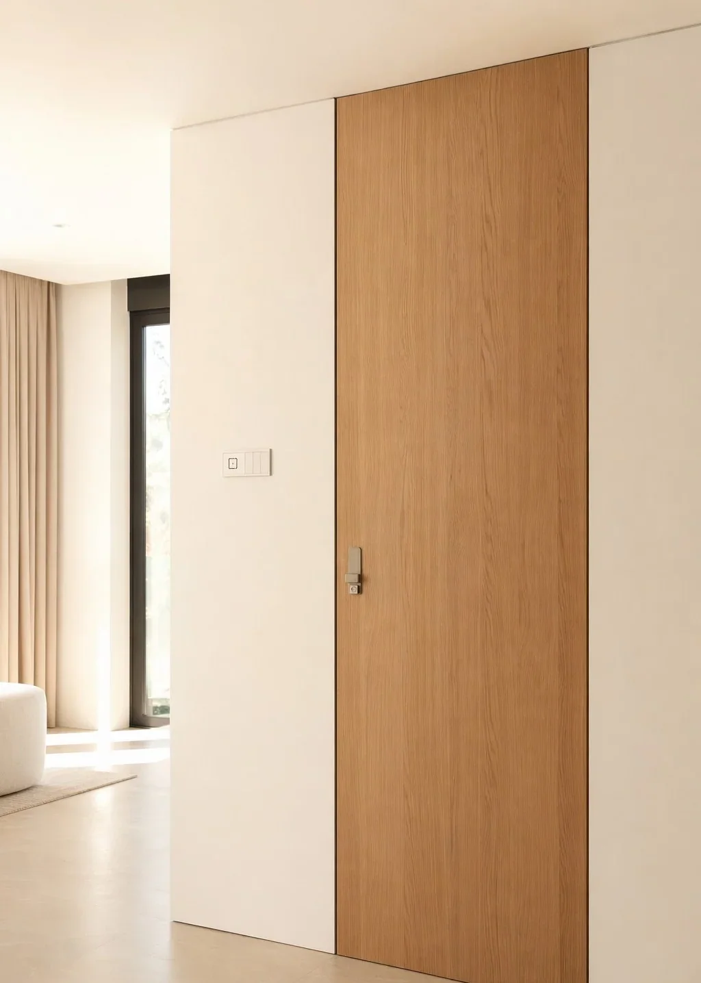 Flush hidden door in oak veneer, frameless