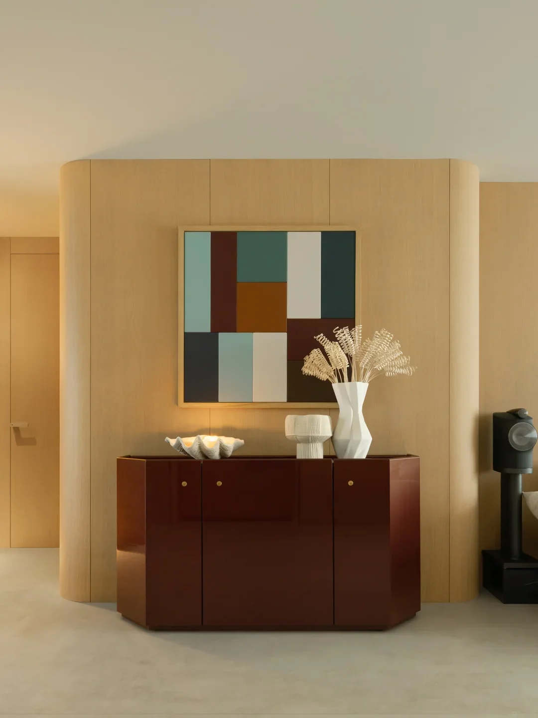 Lacquered credenza against curved oak wall panels