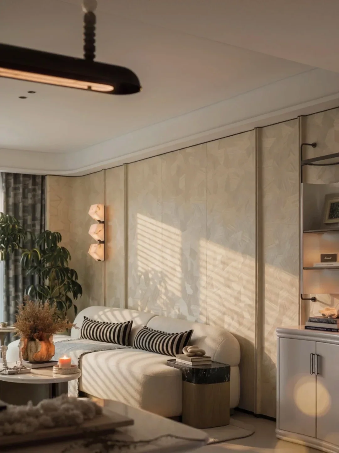 Feature wall panels with warm evening light