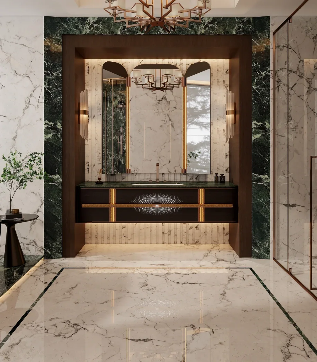 Marble bathroom niche with brass detail