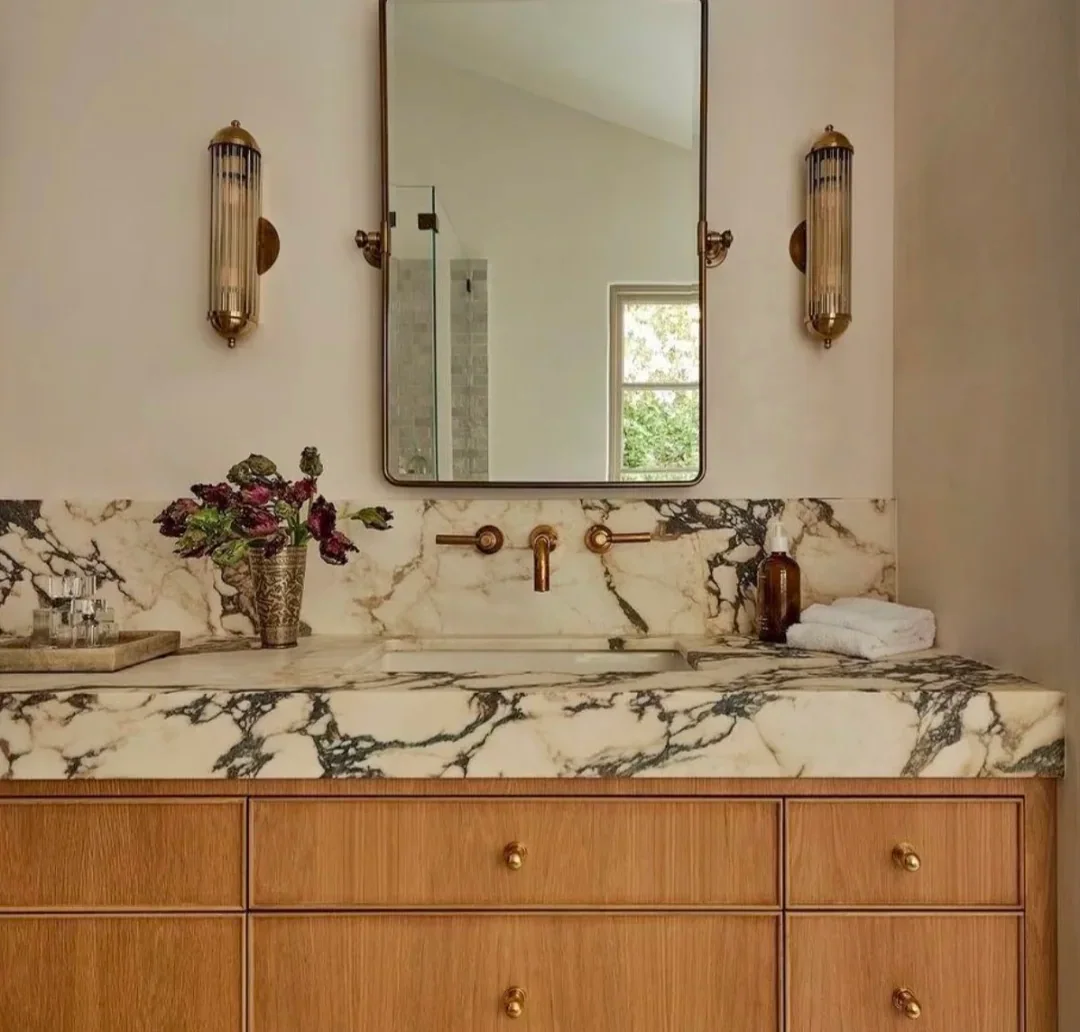 Oak vanity with book-matched marble top