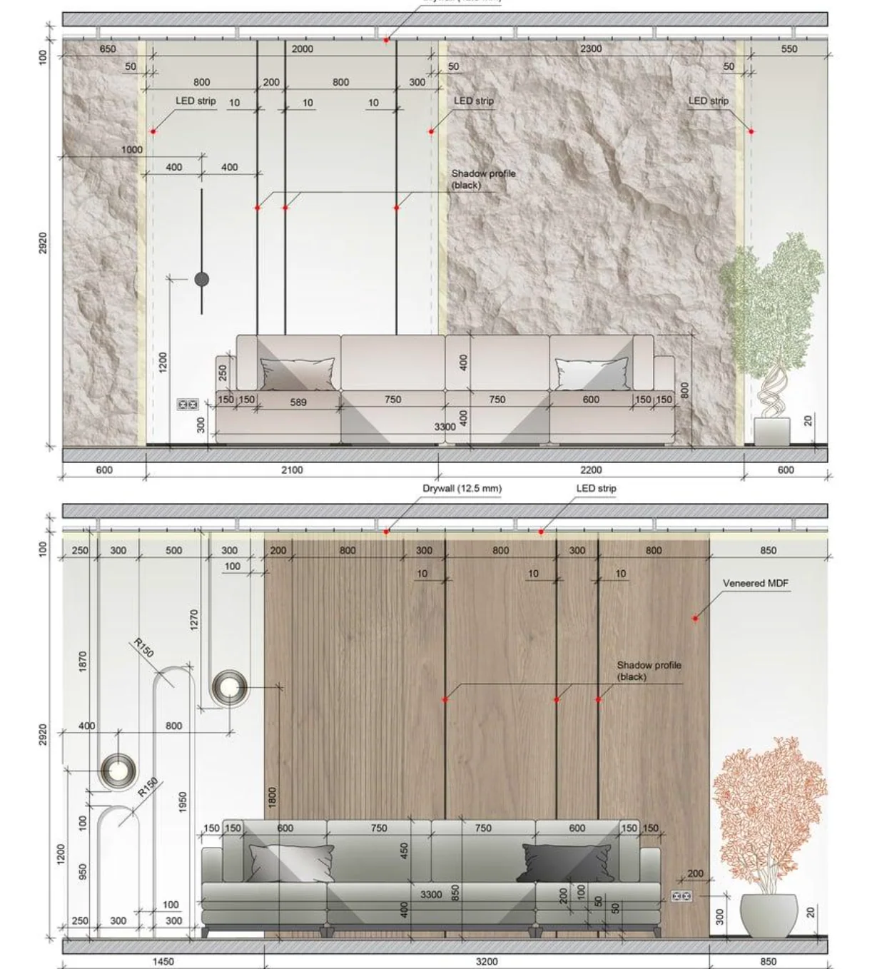 Wall elevation drawing with panel set-out, LED strips and shadow profiles