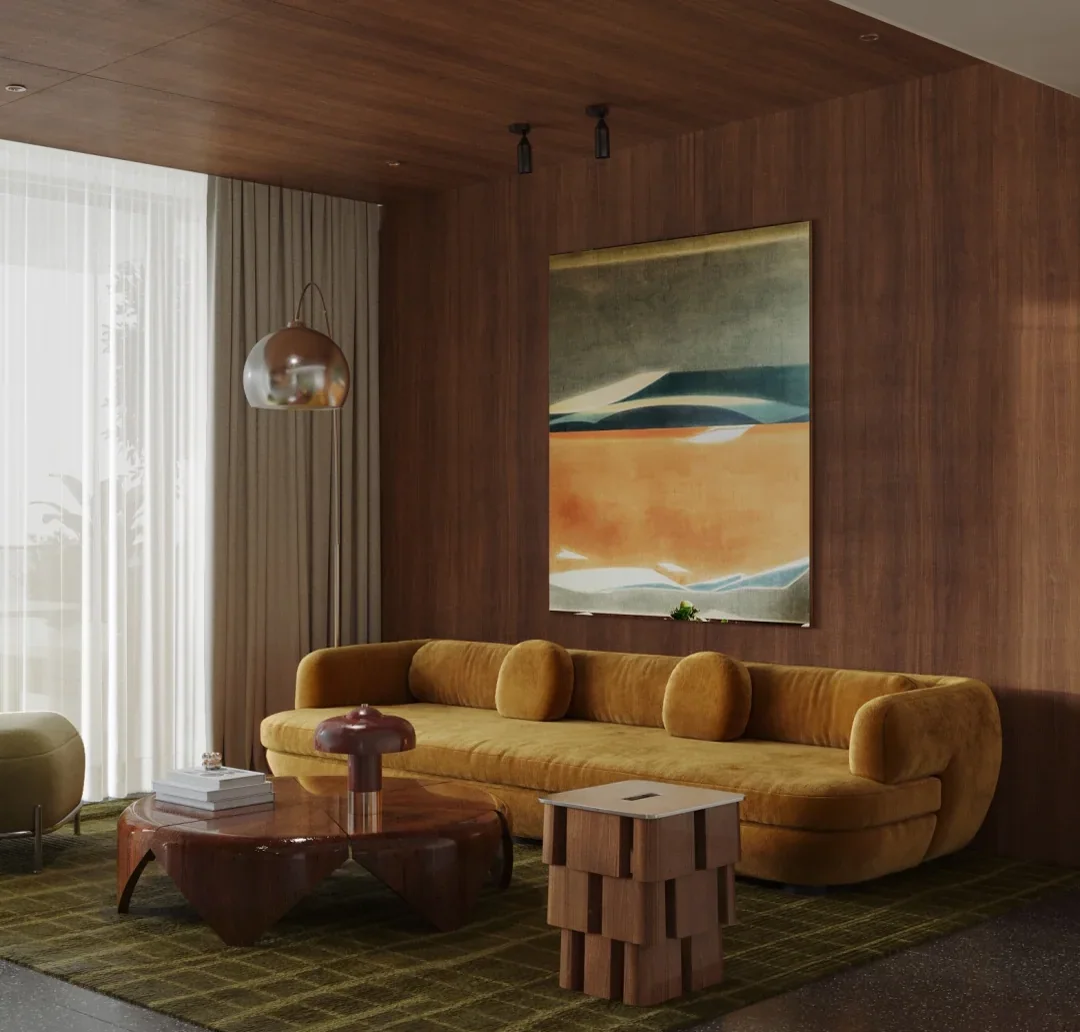 Walnut veneer wall panels in a lounge