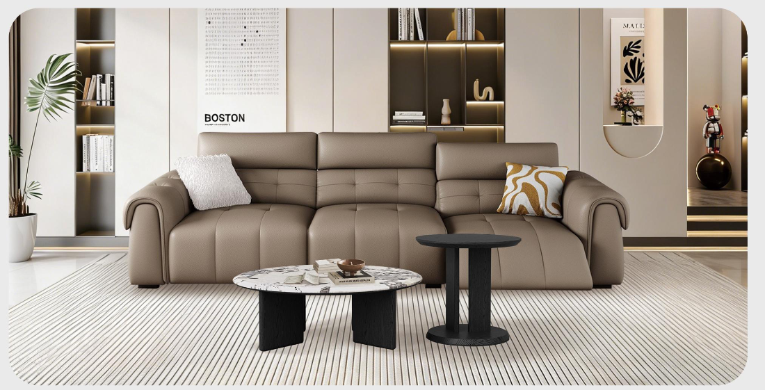 Power Comfort home package — sofa, dining set and bedroom furniture in a furnished room