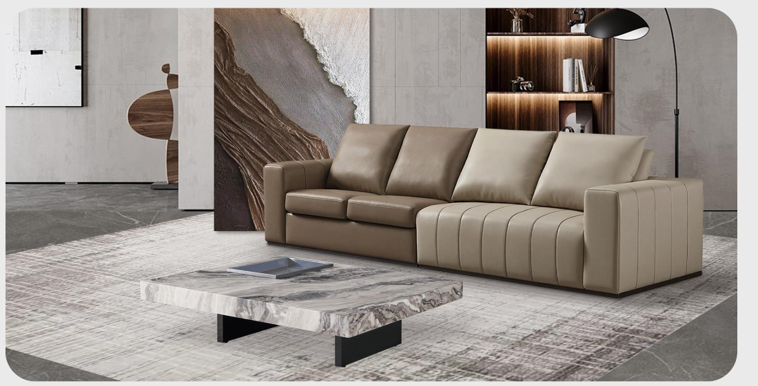 Warm Modern home package — piano-key sofa, marble coffee table and dining set in a living room