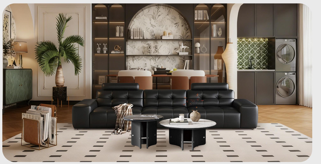 Button-tufted sofa and sintered stone tables in a furnished living room