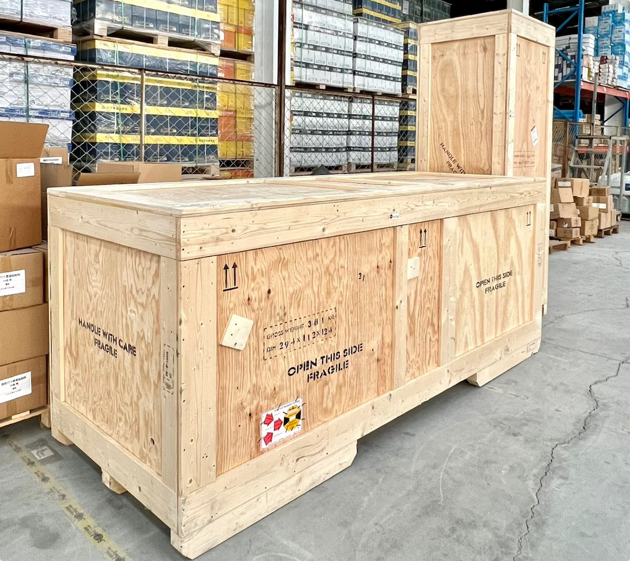 Labelled export crate ready for container loading