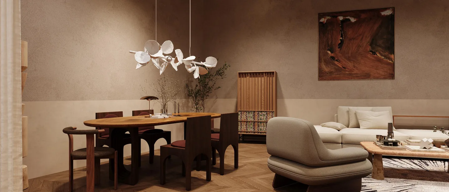 Walnut dining table and chairs beside a bouclé lounge chair, a sofa and a travertine coffee table in a warm plaster-walled room