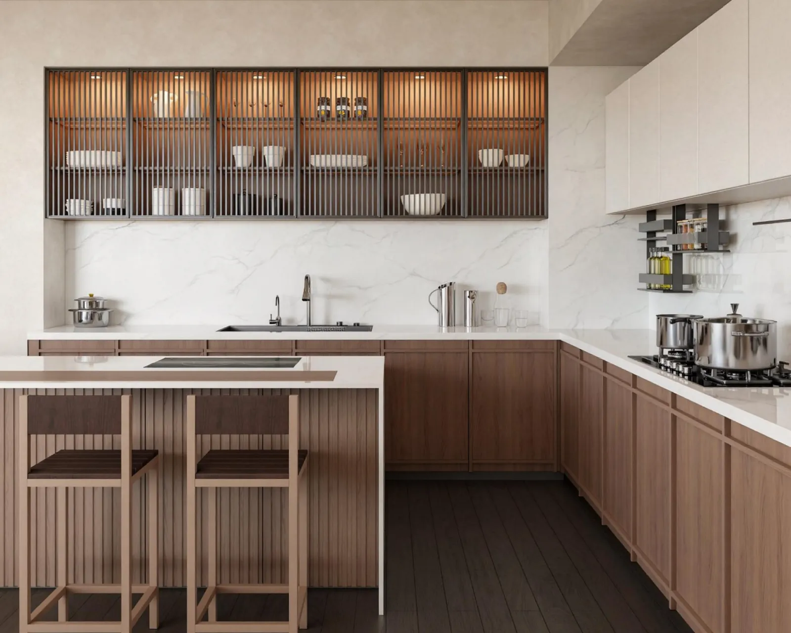 Walnut kitchen cabinetry with lit grille-glass wall cabinets, a marble splashback and an island with timber bar stools