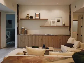Living room built-in shelving and low cabinets