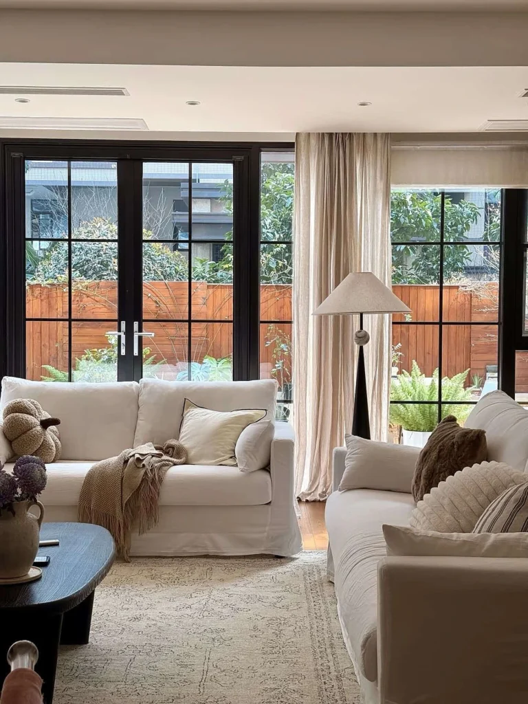 A finished sofa in a warm, comfortable living room