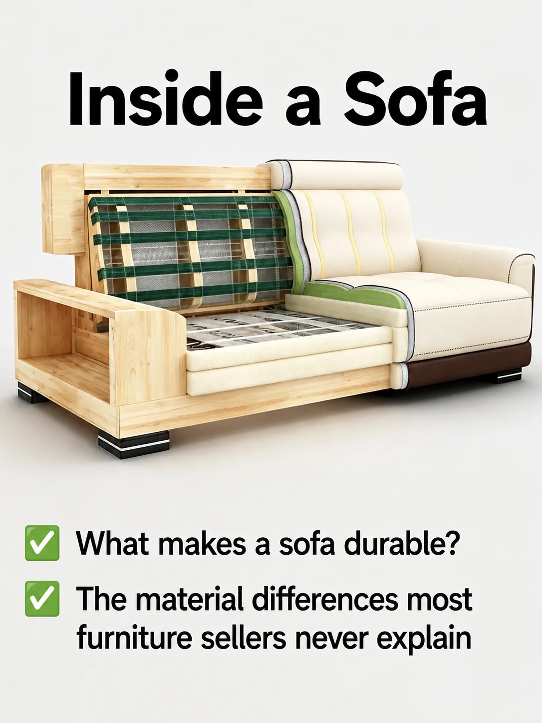 Cutaway sofa showing the timber frame, woven support, foam and finished upholstery side by side