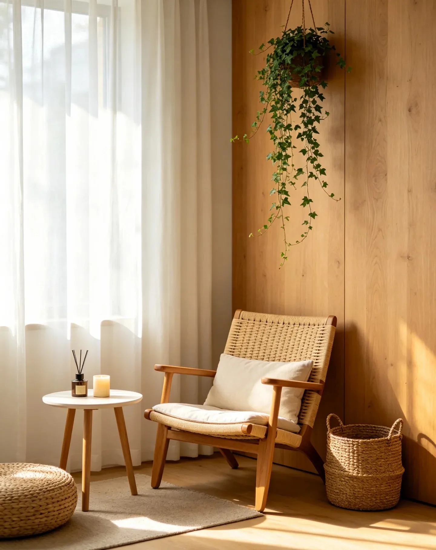 Woven wood lounge chair in a warm compact interior