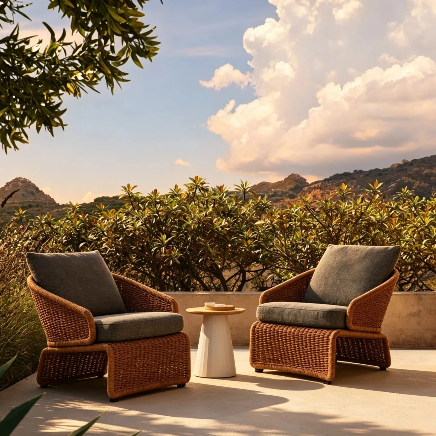 Pair of woven lounge chairs outdoors