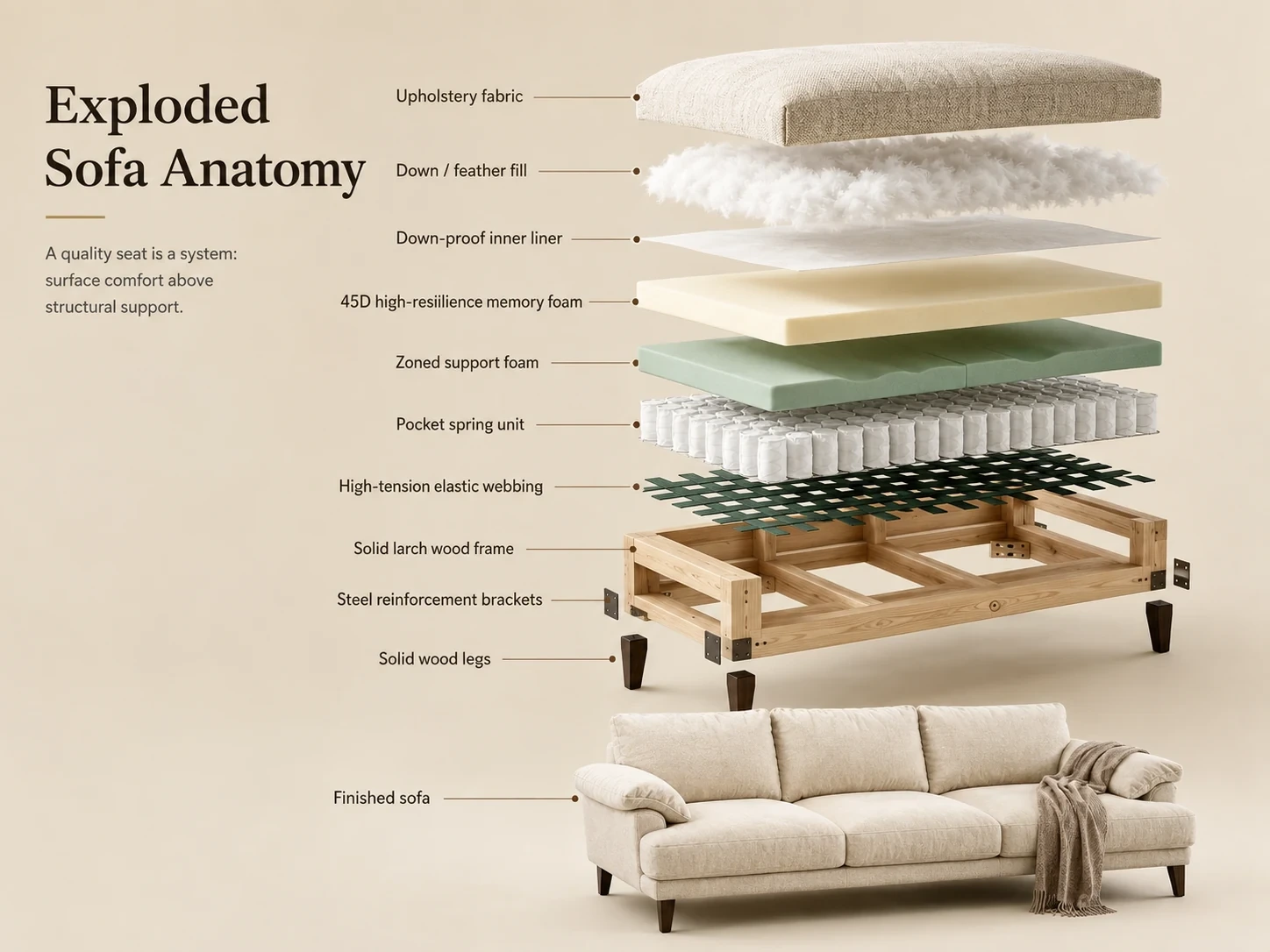 Exploded sofa anatomy showing upholstery, down, foam, pocket spring unit, webbing and frame