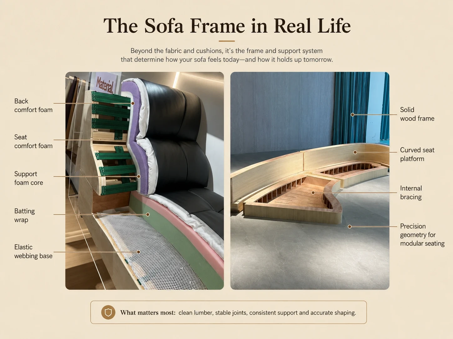Two-panel infographic showing a real sofa cutaway and a curved sofa frame