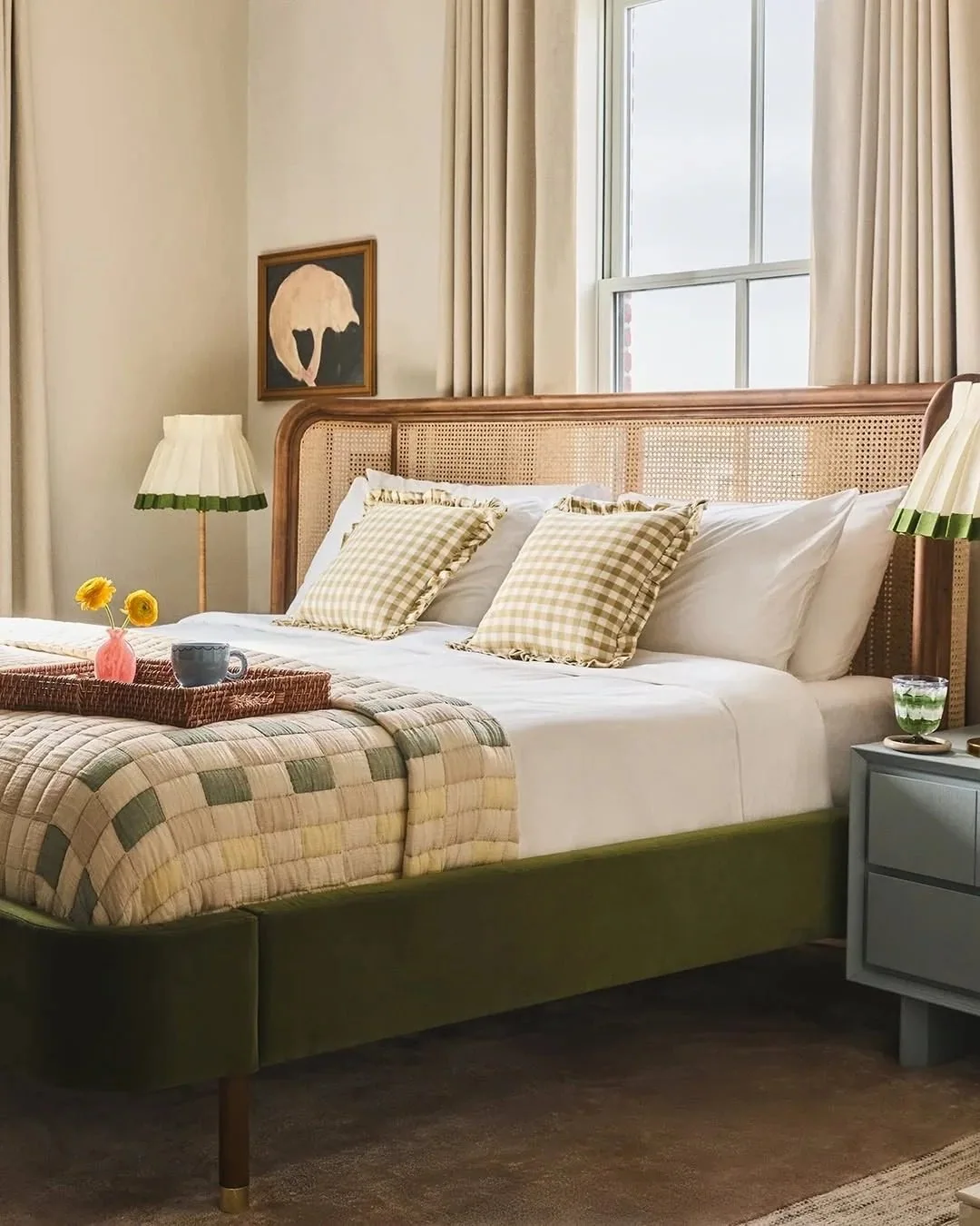 Rattan headboard bed in natural bedroom
