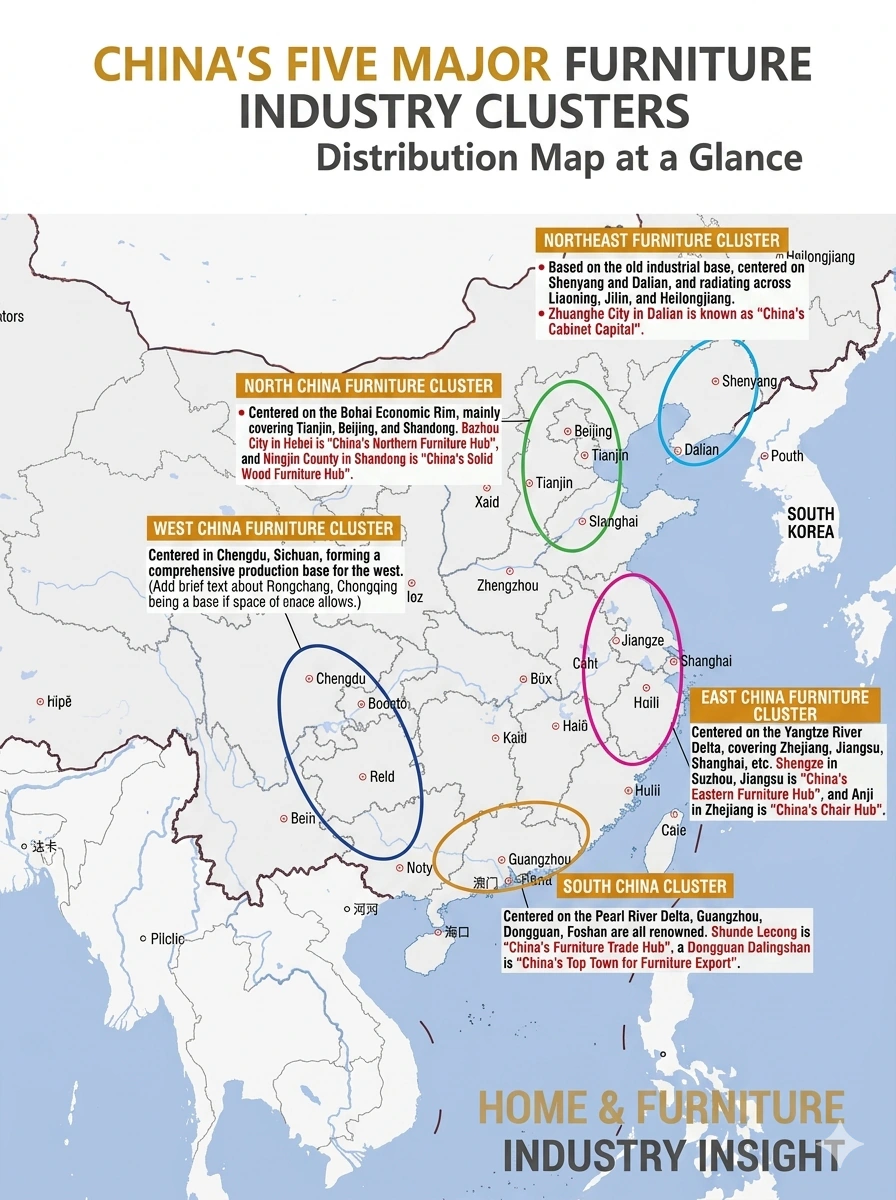 Map of China's five major furniture manufacturing clusters