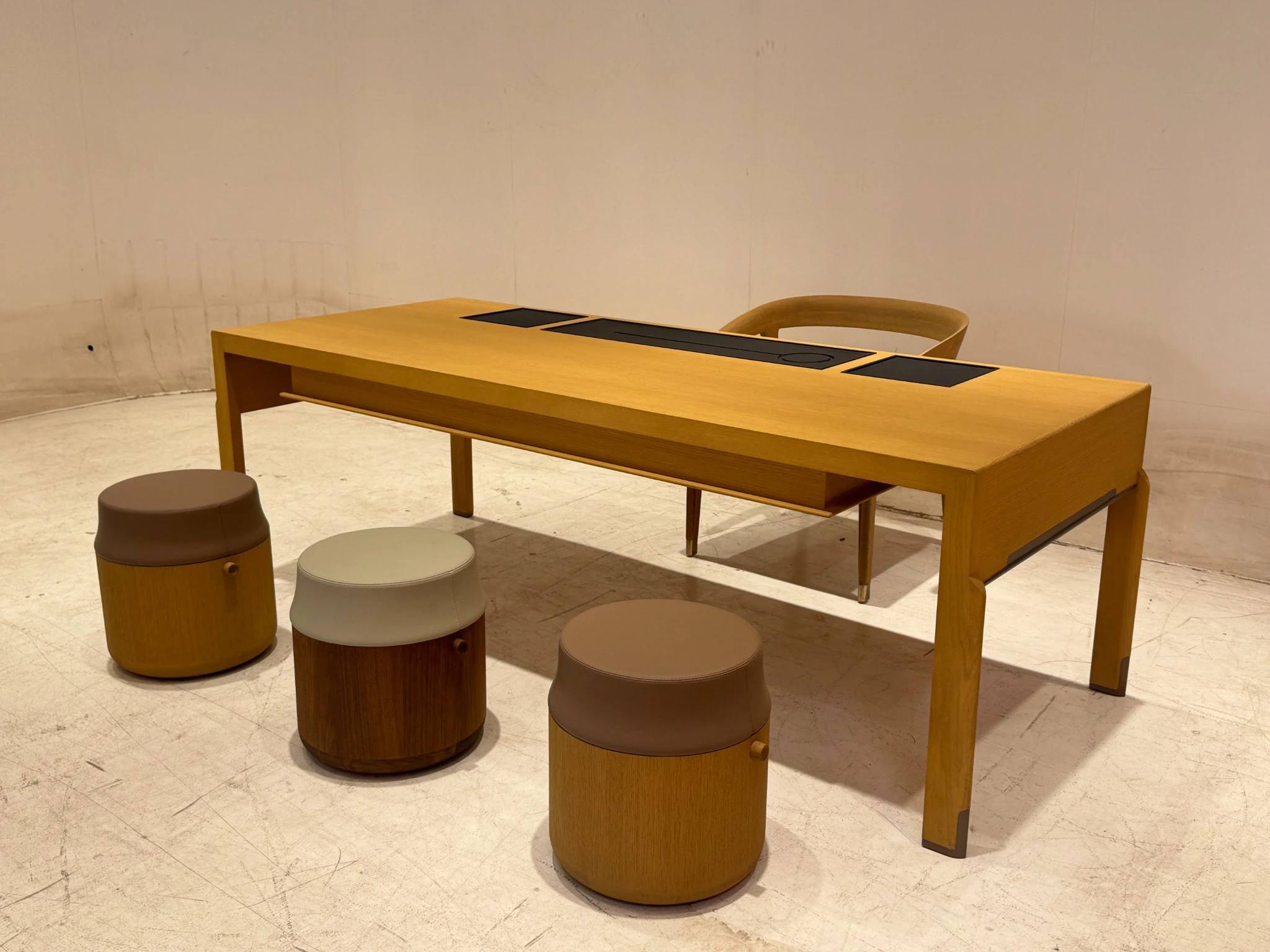 Wood furniture and seating displayed during furniture sourcing in China