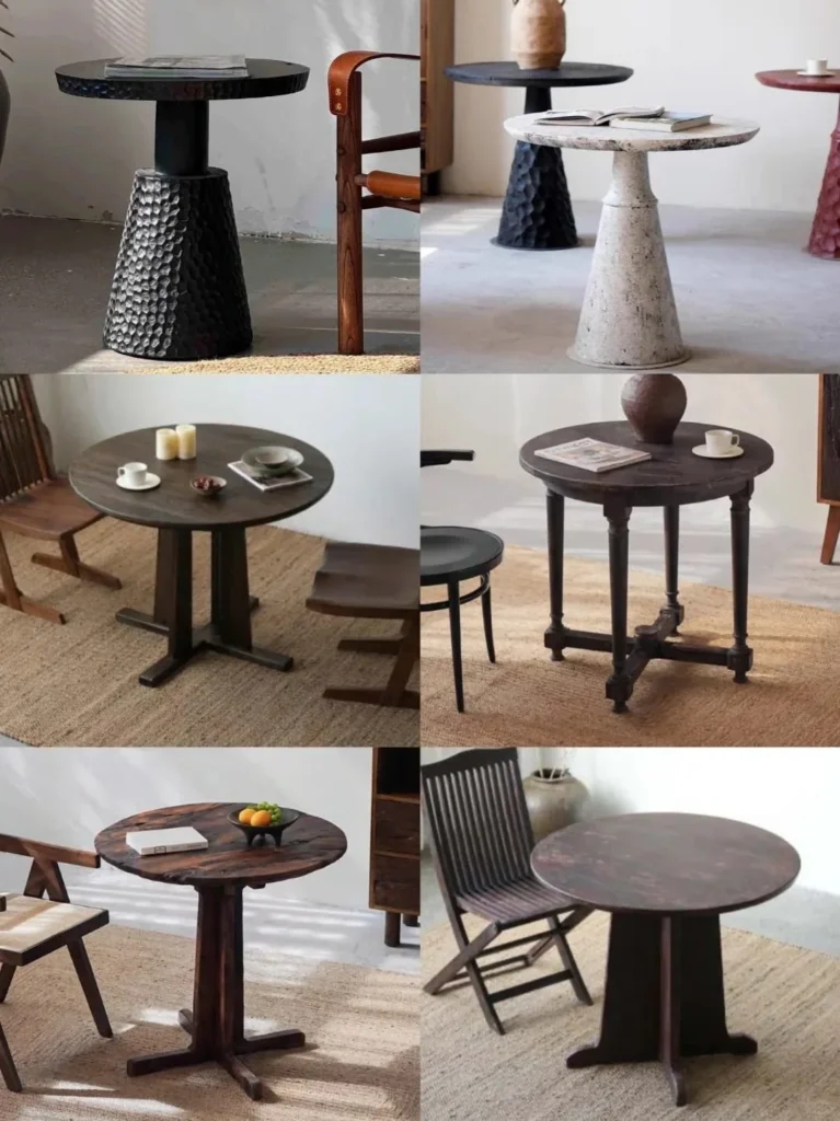 A collage showing several round side table and accent table styles in wood, stone, and sculptural forms.