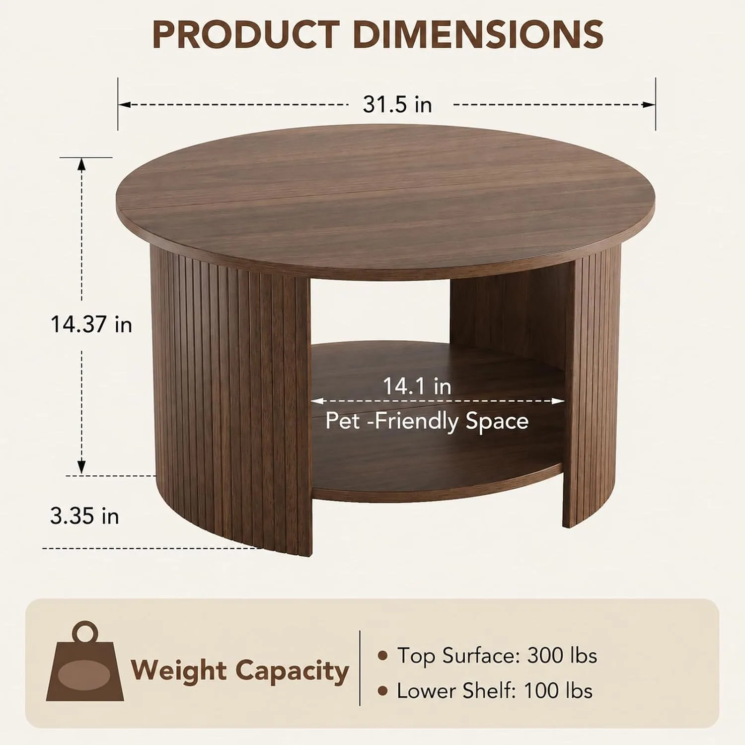 Product dimensions diagram of a round coffee table showing overall diameter, height, shelf clearance, and weight capacity.