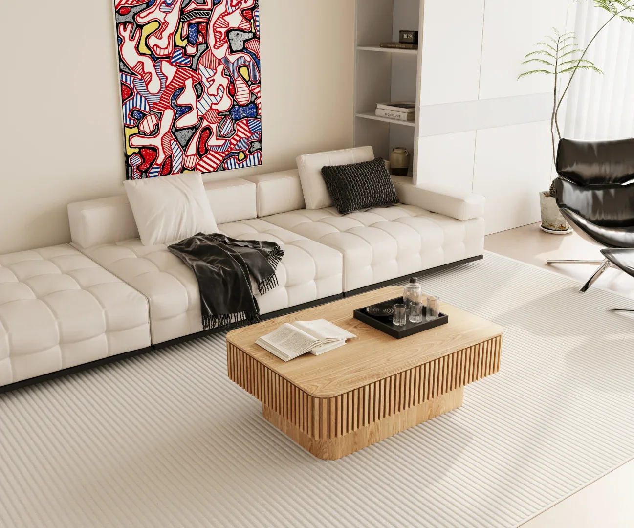 A light wood slatted coffee table styled in a living room.