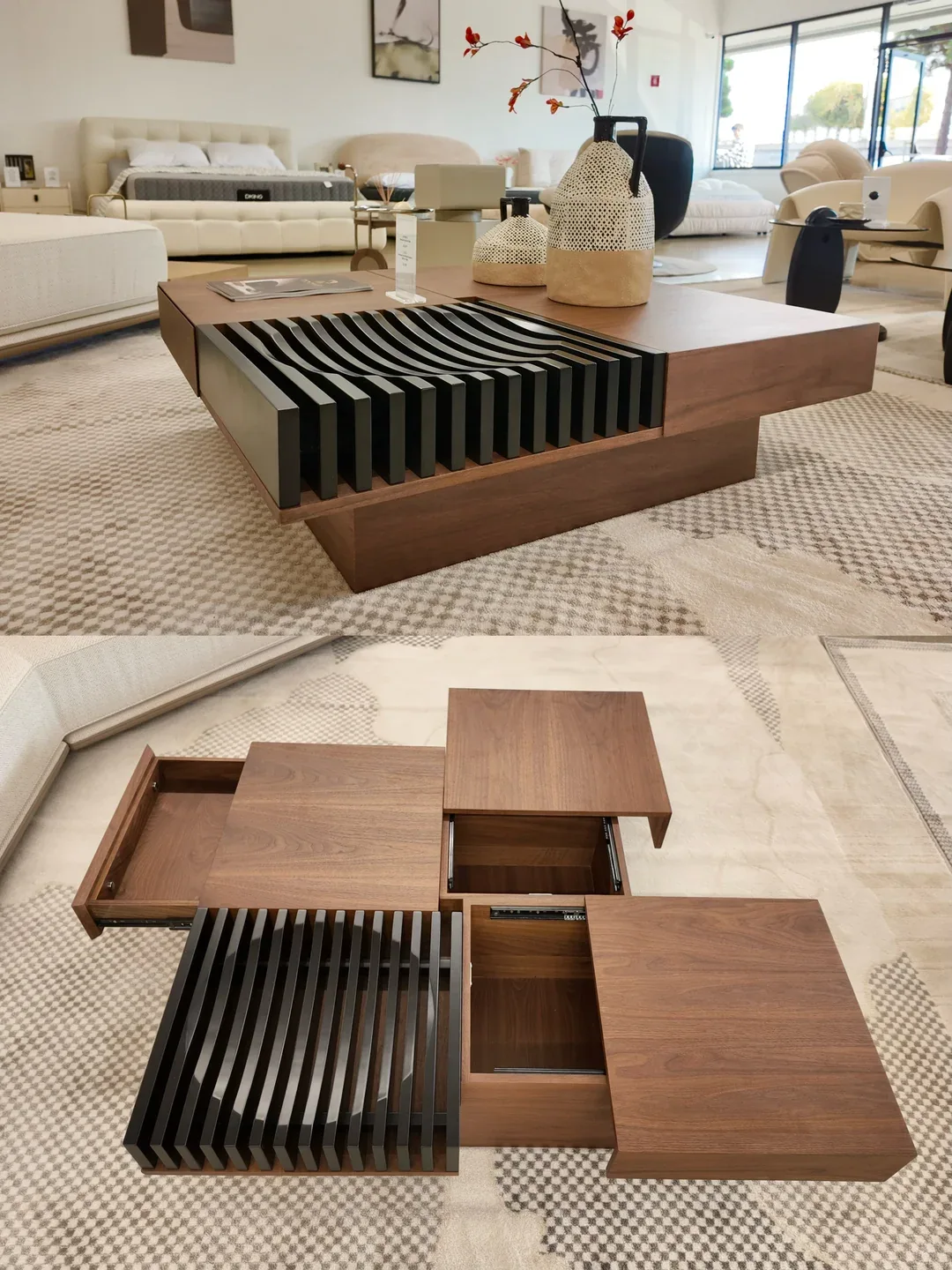 A square coffee table with sliding tops and visible storage compartments.